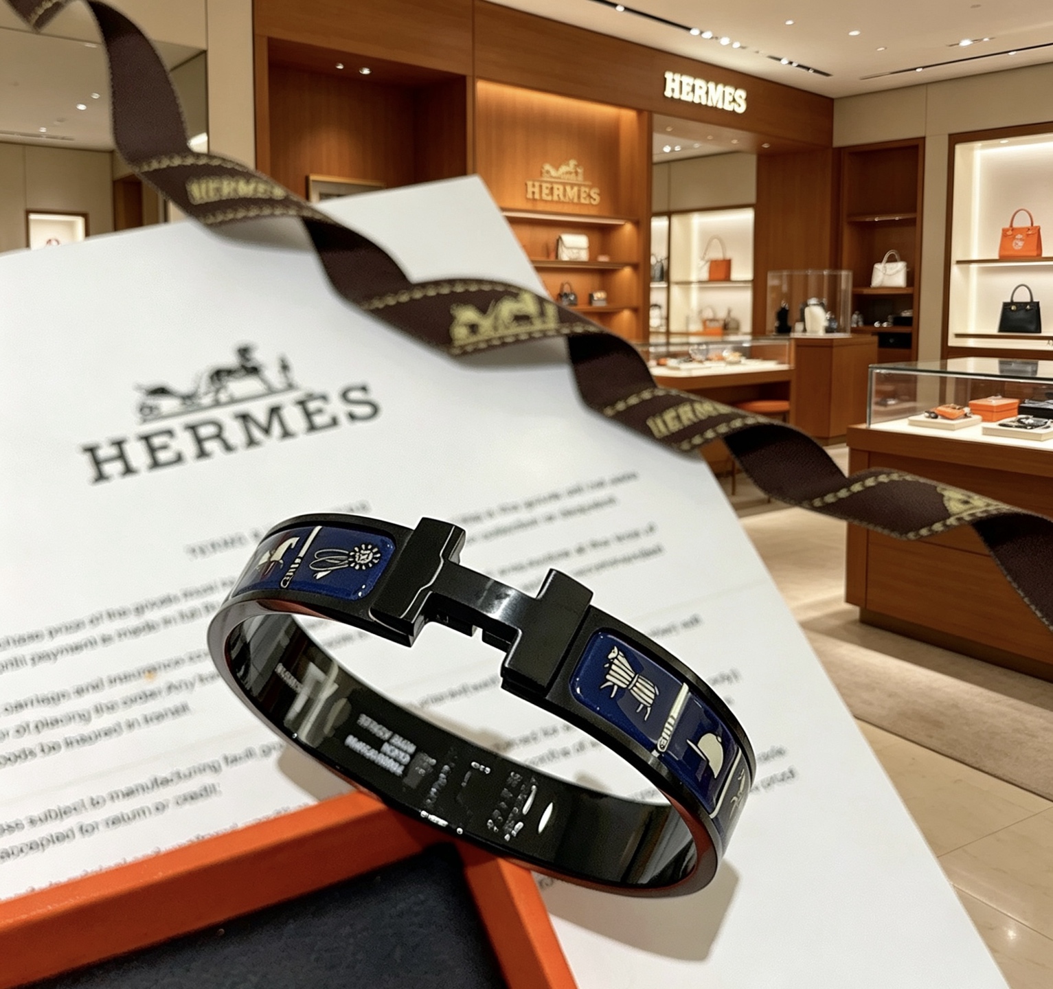 Hermes Clic Clac H Pulseira esmaltada com estampa equestre pulseira de metal banhado a preto com esmalte azul marinho e padrão equestre dourado claro 19