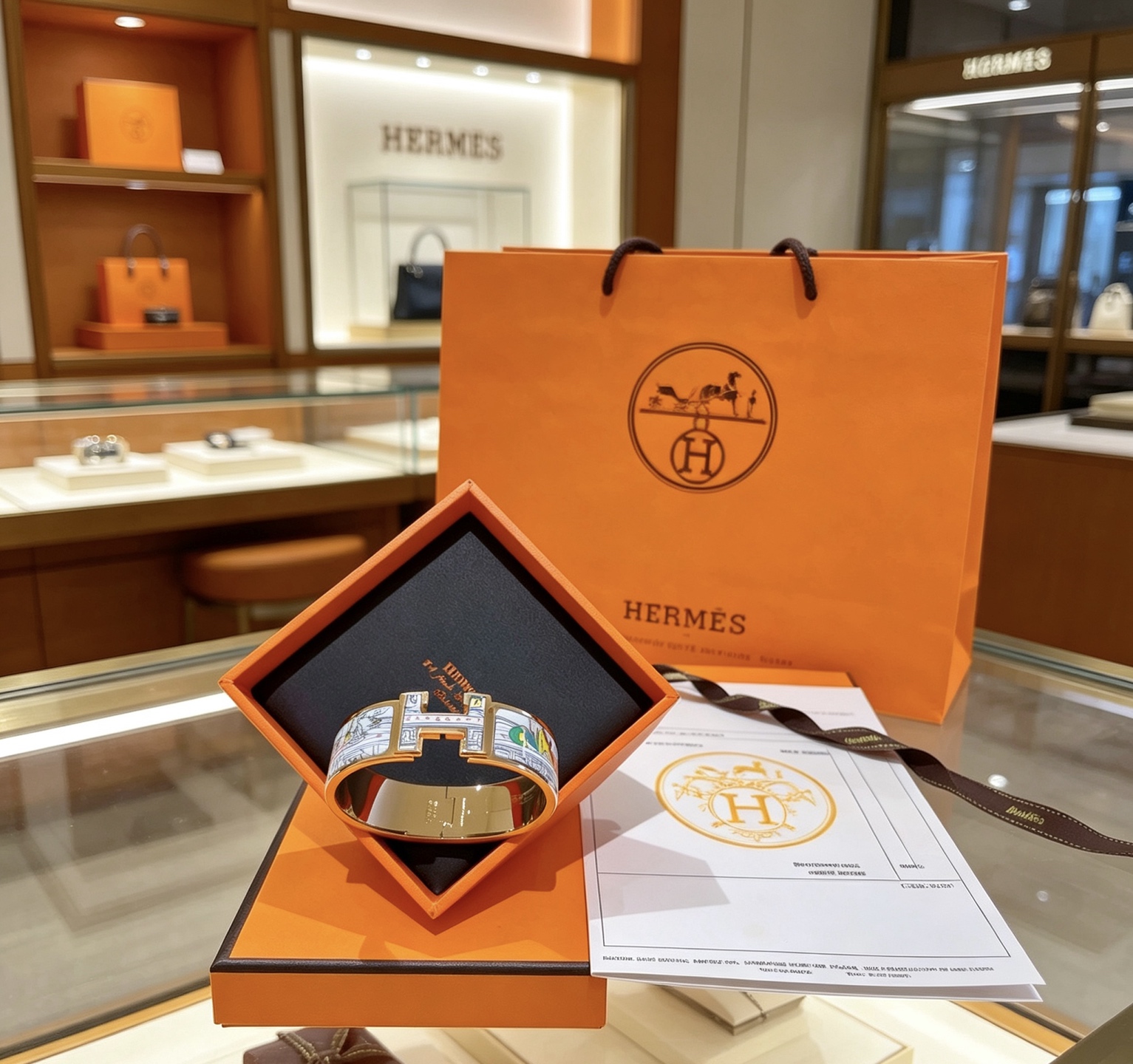 Hermes Clic Clac H New York City Print Wide Enamel Bracelet bracelet Rose gold plated metal with multicolor printed white enamel 20mm