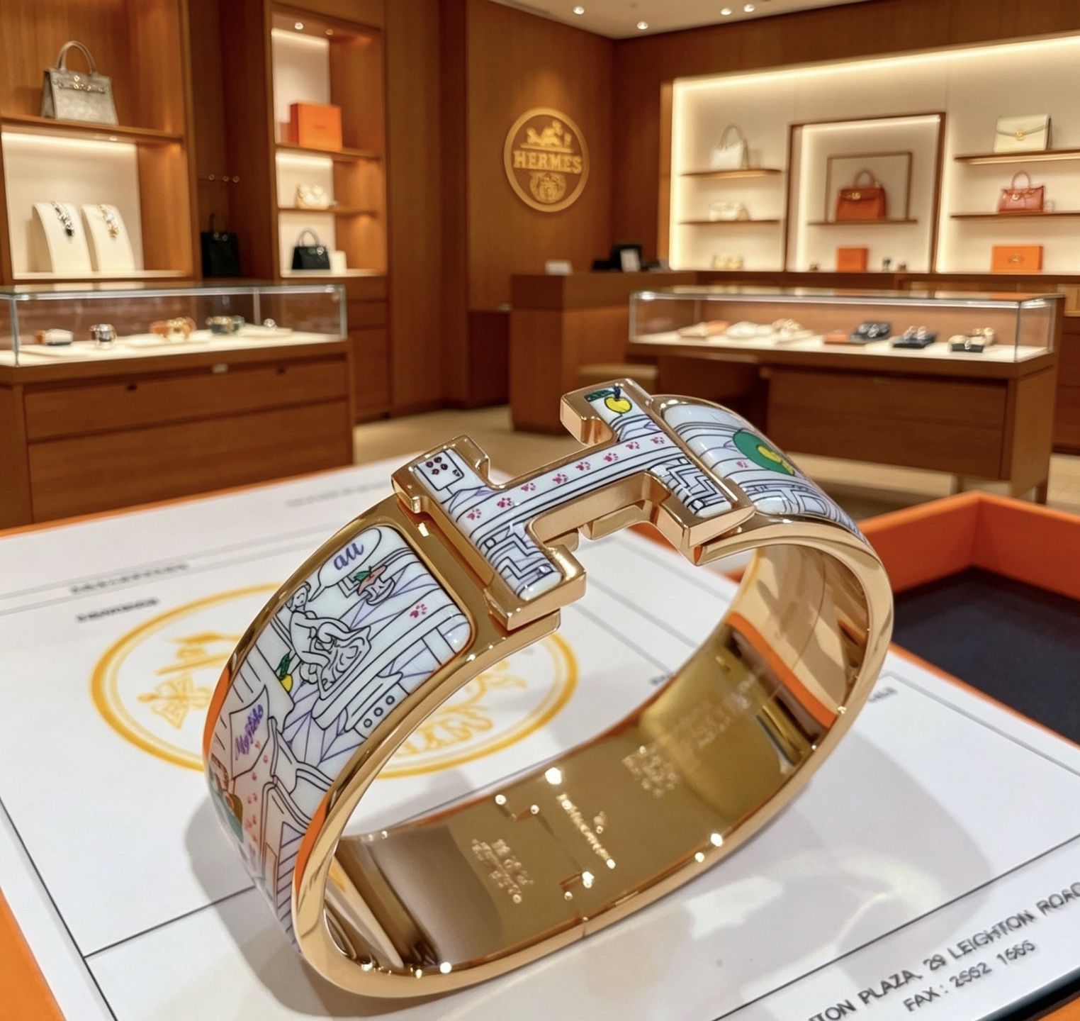 Hermes Clic Clac H New York City Print Wide Enamel Bracelet bracelet Rose gold plated metal with multicolor printed white enamel 20mm