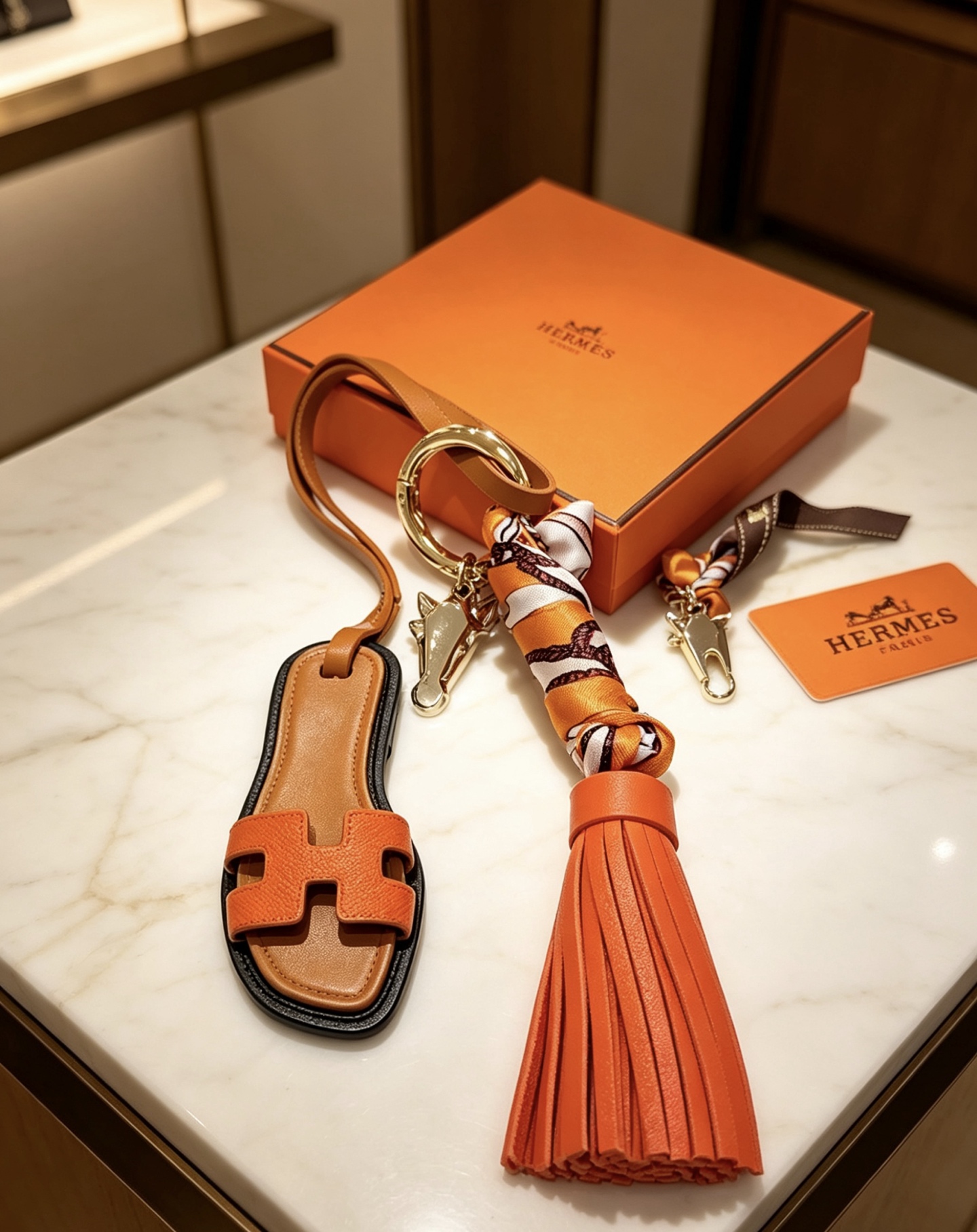 Hermes Oran Sandal Tassel Key Charm pendant Gold-tone metal tan leather orange Epsom leather black leather trim orange white brown printed silk silver-tone horse head charm 12cm total strap length