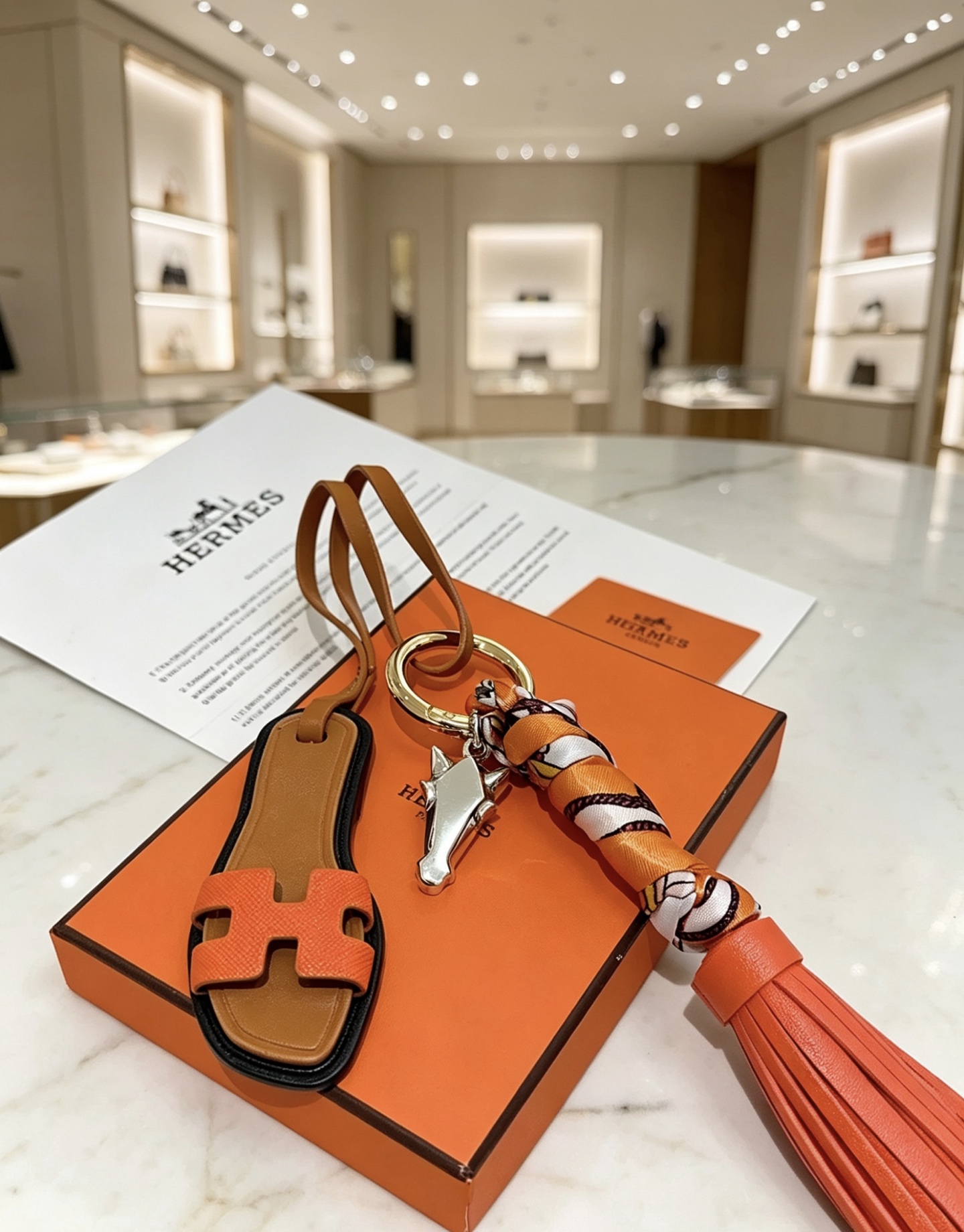 Hermes Oran Sandal Tassel Key Charm pendant Gold-tone metal tan leather orange Epsom leather black leather trim orange white brown printed silk silver-tone horse head charm 12cm total strap length
