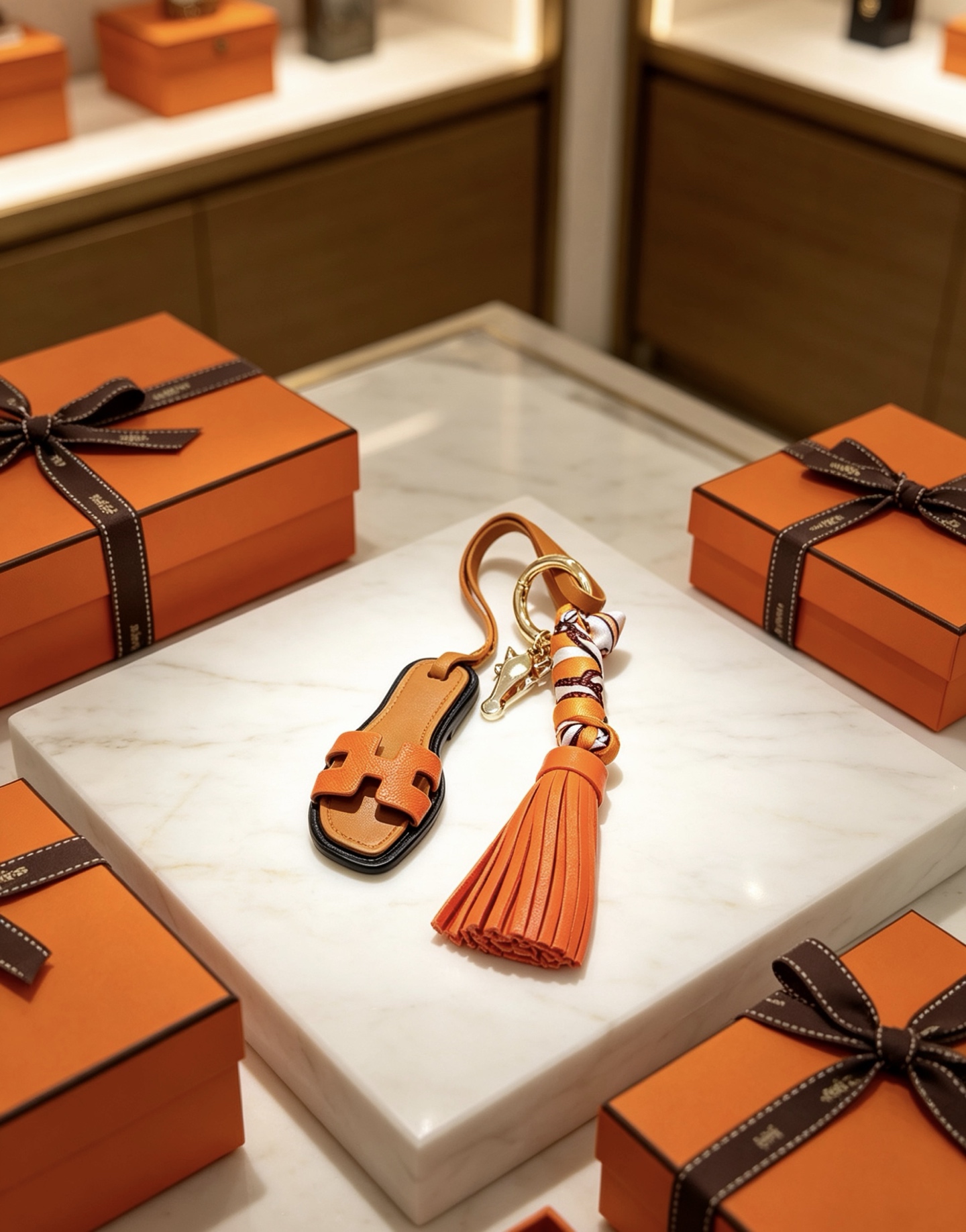 Hermes Oran Sandal Tassel Key Charm pendant Gold-tone metal tan leather orange Epsom leather black leather trim orange white brown printed silk silver-tone horse head charm 12cm total strap length