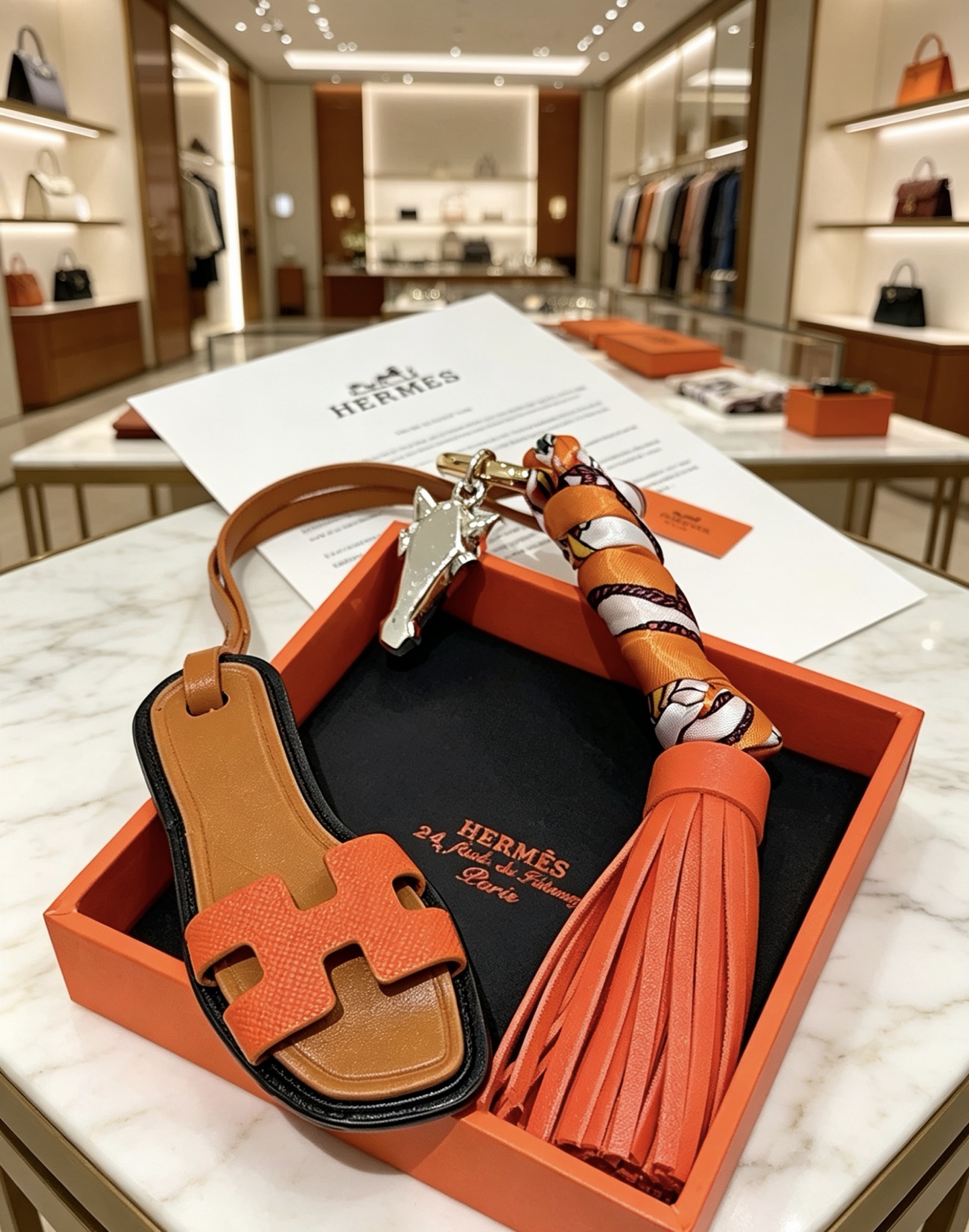 Hermes Oran Sandal Tassel Key Charm pendant Gold-tone metal tan leather orange Epsom leather black leather trim orange white brown printed silk silver-tone horse head charm 12cm total strap length