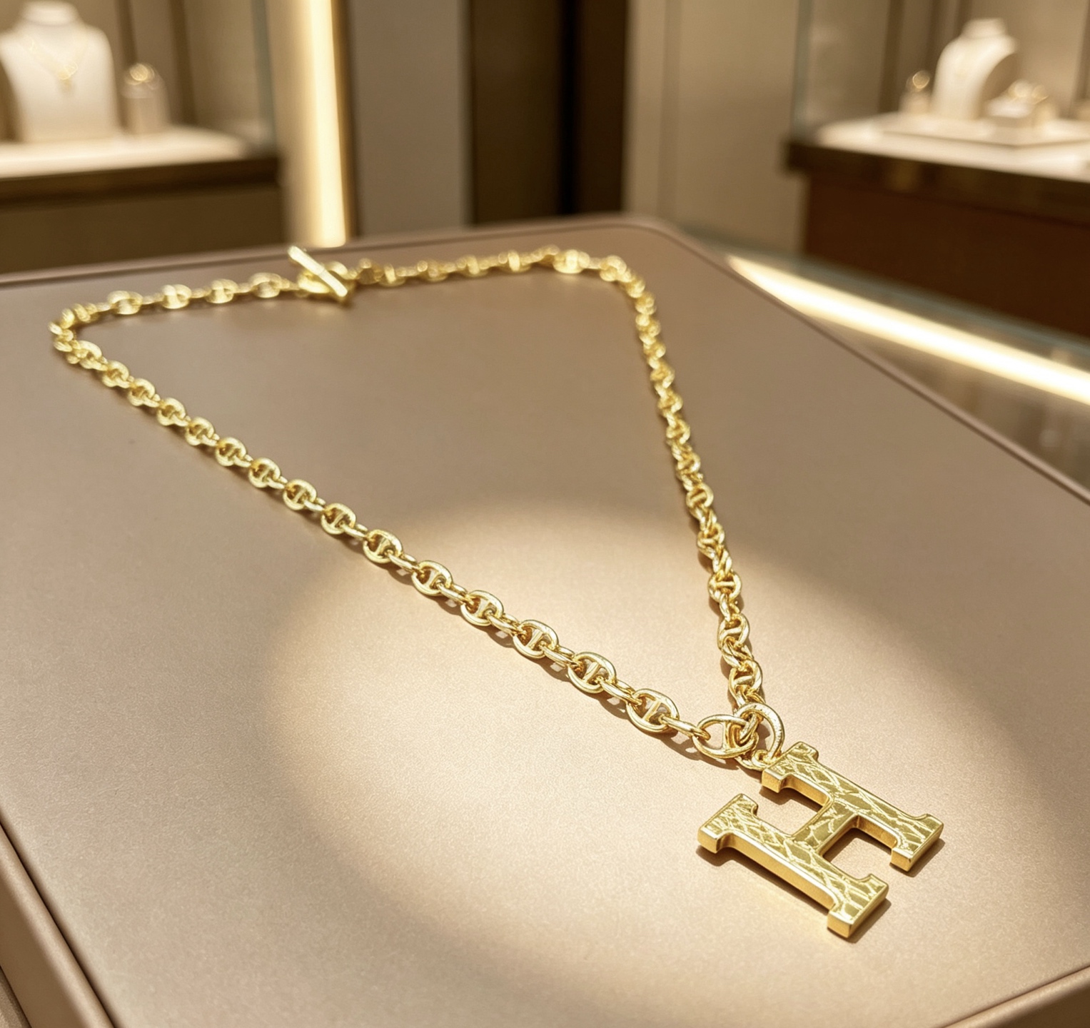 Hermes H Pendant Toggle Chain Necklace collier en métal doré avec pendentif H en or texturé 45 cm