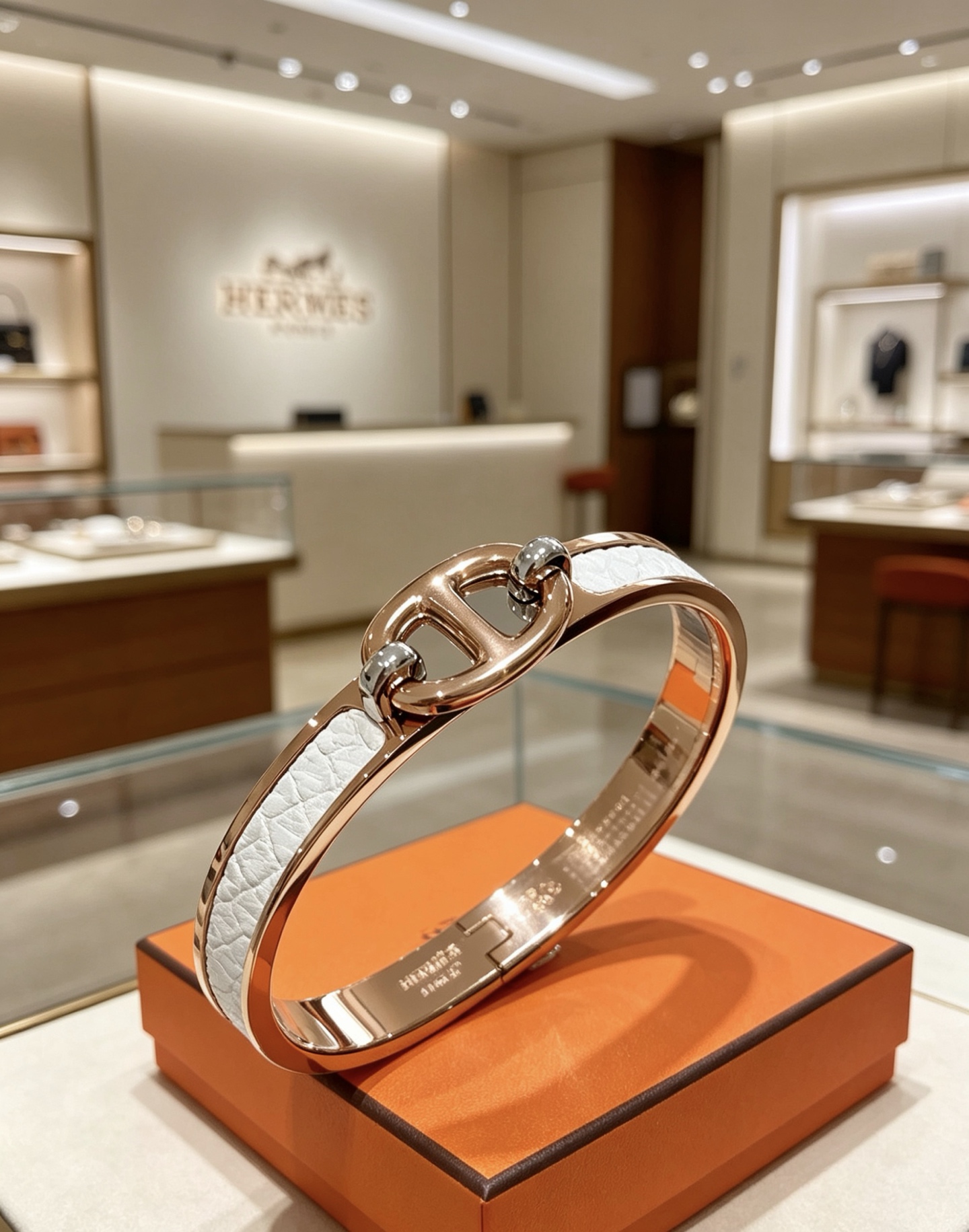 Hermes Mini Clic Chaine d Ancre bracelet Rose gold plated metal with white embossed leather inlay silver-tone hardware accents 17cm