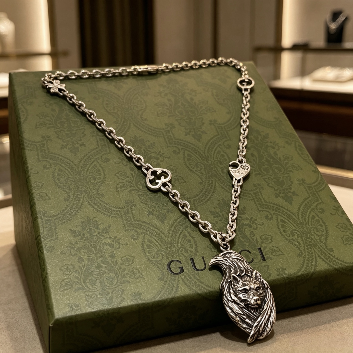 NO:896586,The latest Gucci necklace has a higher grade. The same style as the star Anger Forest series double G Eagle Wolf Mountain necklace. The length of the chain is 60 cm and the length can be changed. The details are distressed. The shiny version is not available in the market. This one has been on the market. It is a best-selling model in Gucci. It is very good to match with trendy clothes, fine jewelry, Gucci, and necklace.19860909批古驰项链最新款链条档次更高明星同款Anger Forest系列双g鹰狼山项链 链长60厘米可改长度 细节对版做旧处理 非市面亮面版型 这款一直在出 古驰里面热卖款 非常好搭配潮流衣服,饰品精品,gucci,necklace,Jewelry