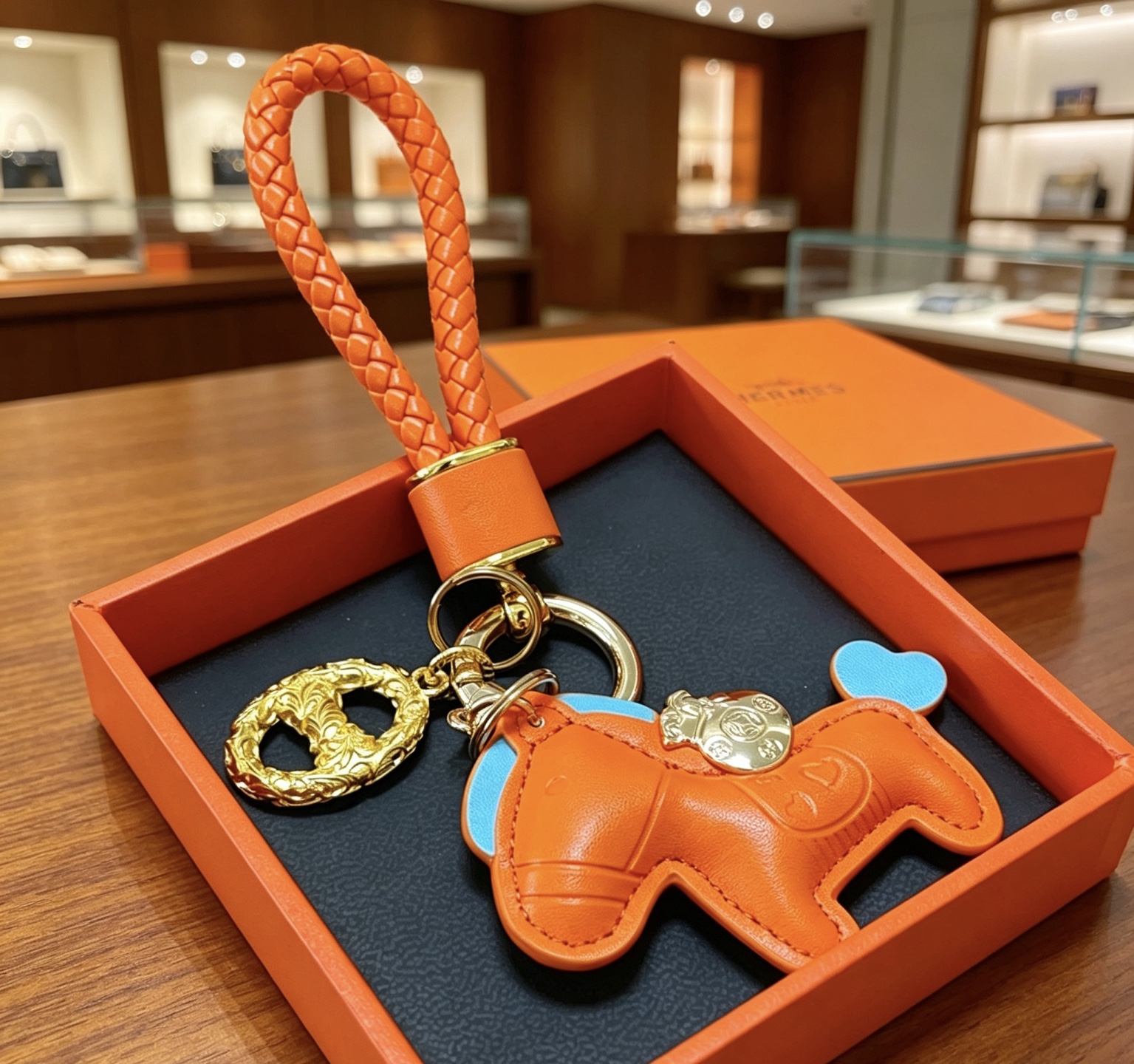 Hermes Rodeo Horse Charm Keychain pendant Orange leather with light blue accents gold and silver tone metal hardware 10cm total length