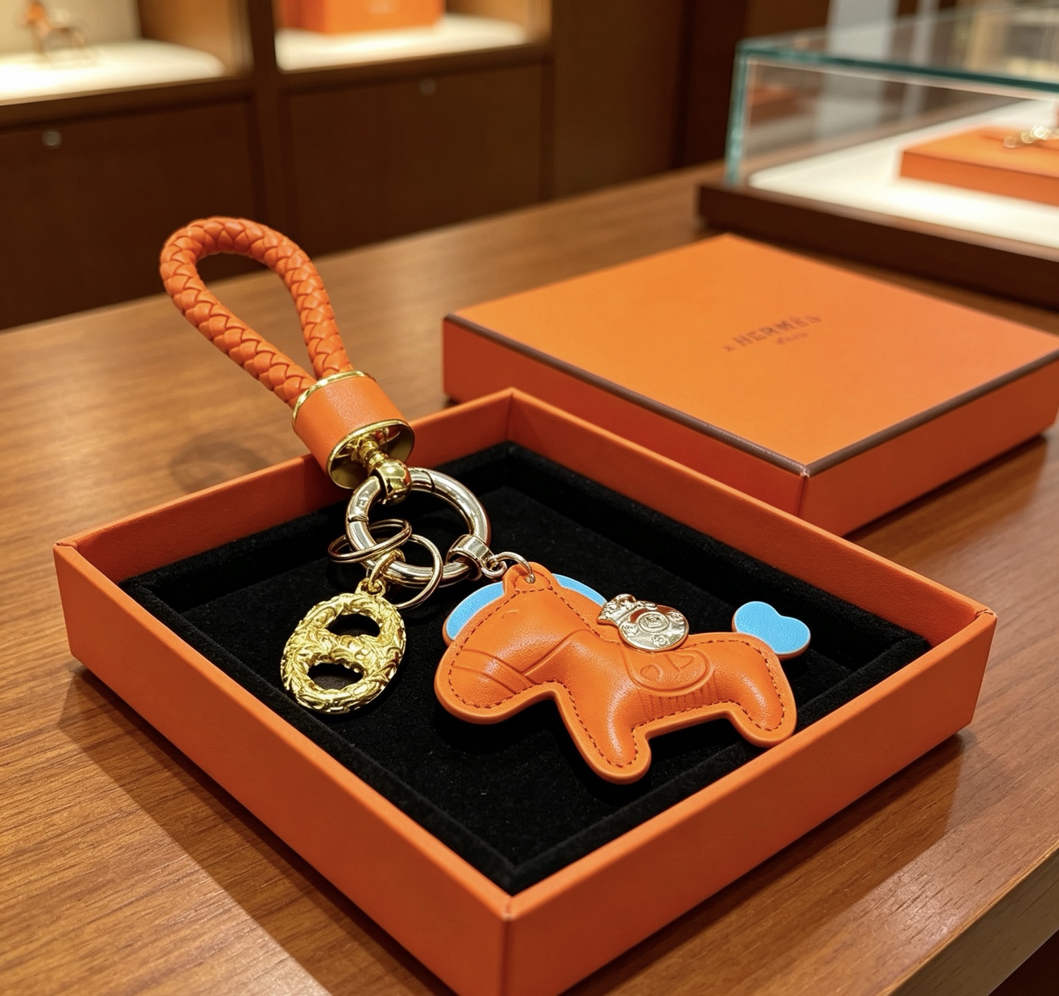 Hermes Rodeo Horse Charm Keychain pendant Orange leather with light blue accents gold and silver tone metal hardware 10cm total length