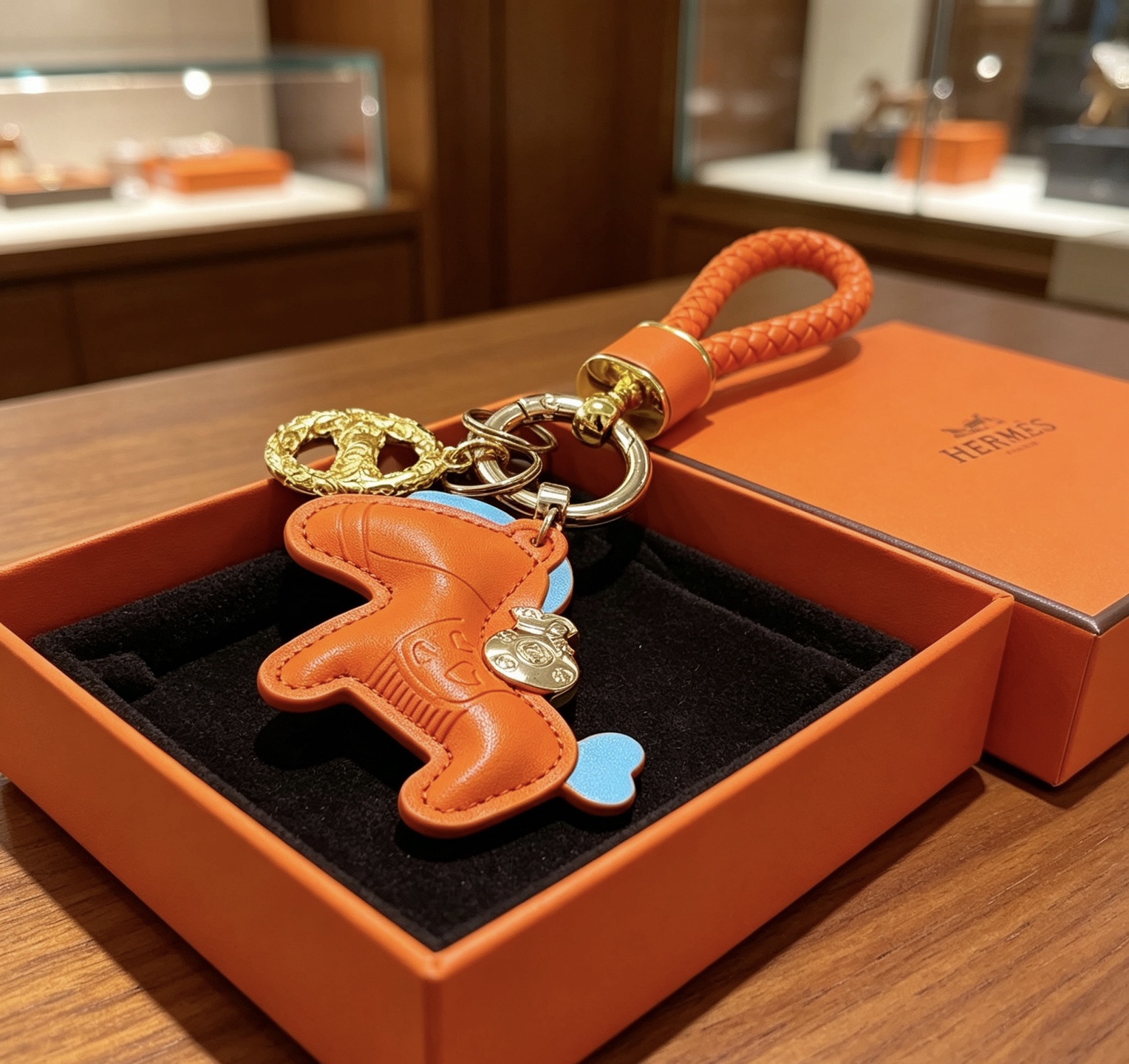 Hermes Rodeo Horse Charm Keychain pendant Orange leather with light blue accents gold and silver tone metal hardware 10cm total length