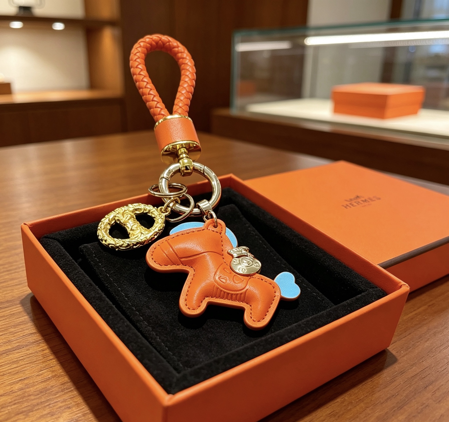 Hermes Rodeo Horse Charm Keychain pendant Orange leather with light blue accents gold and silver tone metal hardware 10cm total length
