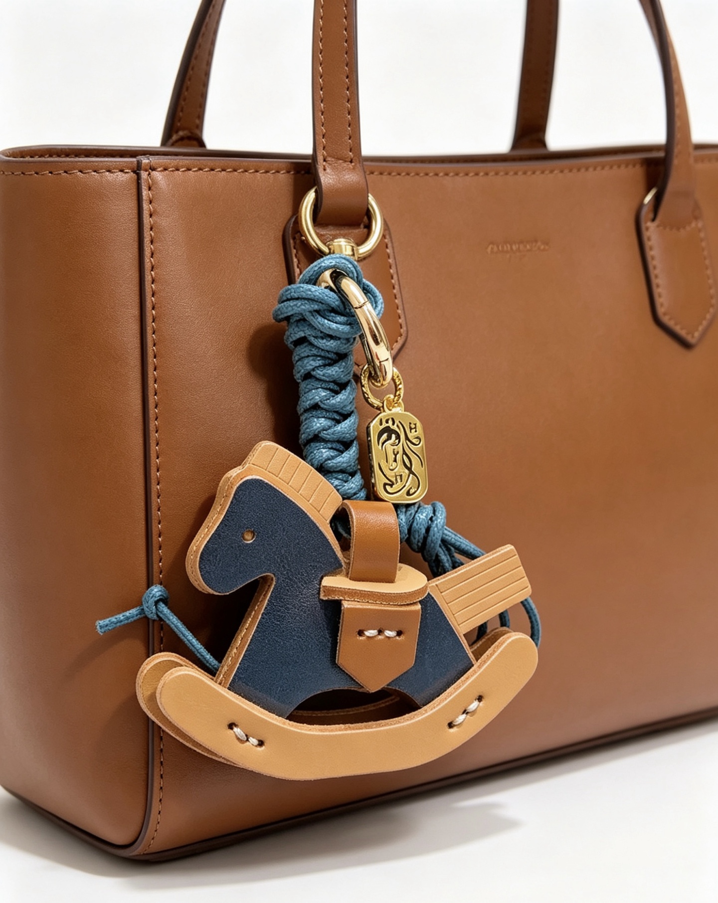 Hermes Rocking Horse Bag Charm pendant Gold-tone metal deep blue braided cord deep blue tan and light beige leather 12cm total length