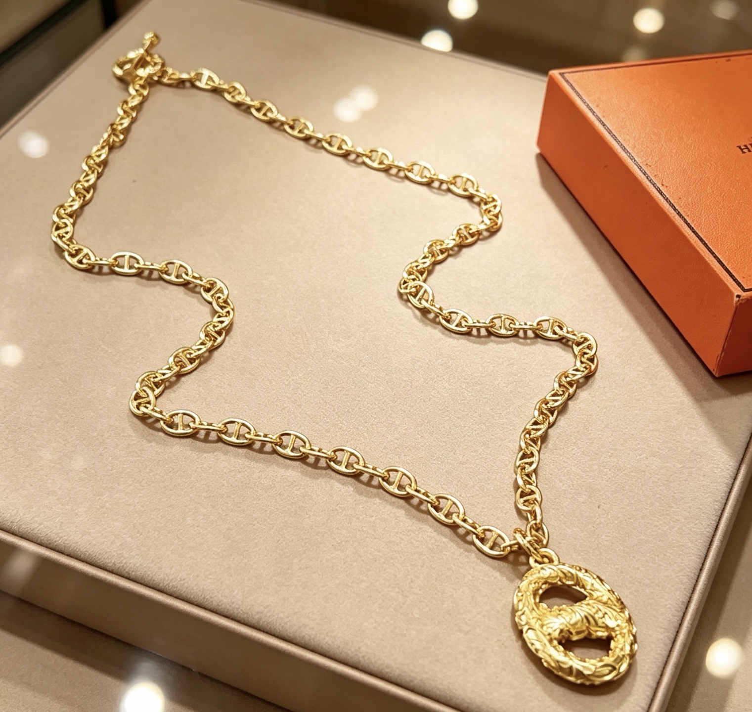 Collana Hermes Pretzel Ciondolo Chaine d'Ancre in metallo color oro 60 cm