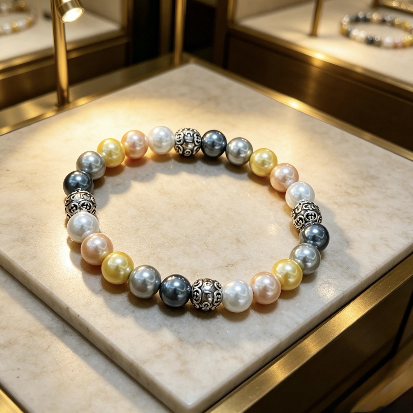Gucci Anger Forest bracelet Antique silver metal with multicolor faux pearls white golden yellow peach pink light gray dark gunmetal gray 18cm