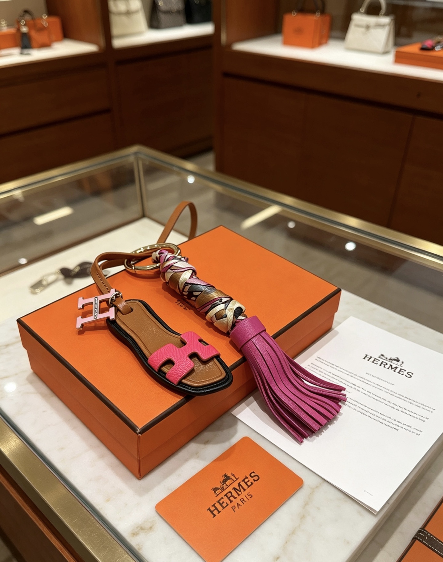 Hermes Oran Sandal Tassel Bag Charm Keychain pendant Gold-tone metal brown leather fuchsia pink leather multicolor silk twill light pink enamel H charm 12cm total length