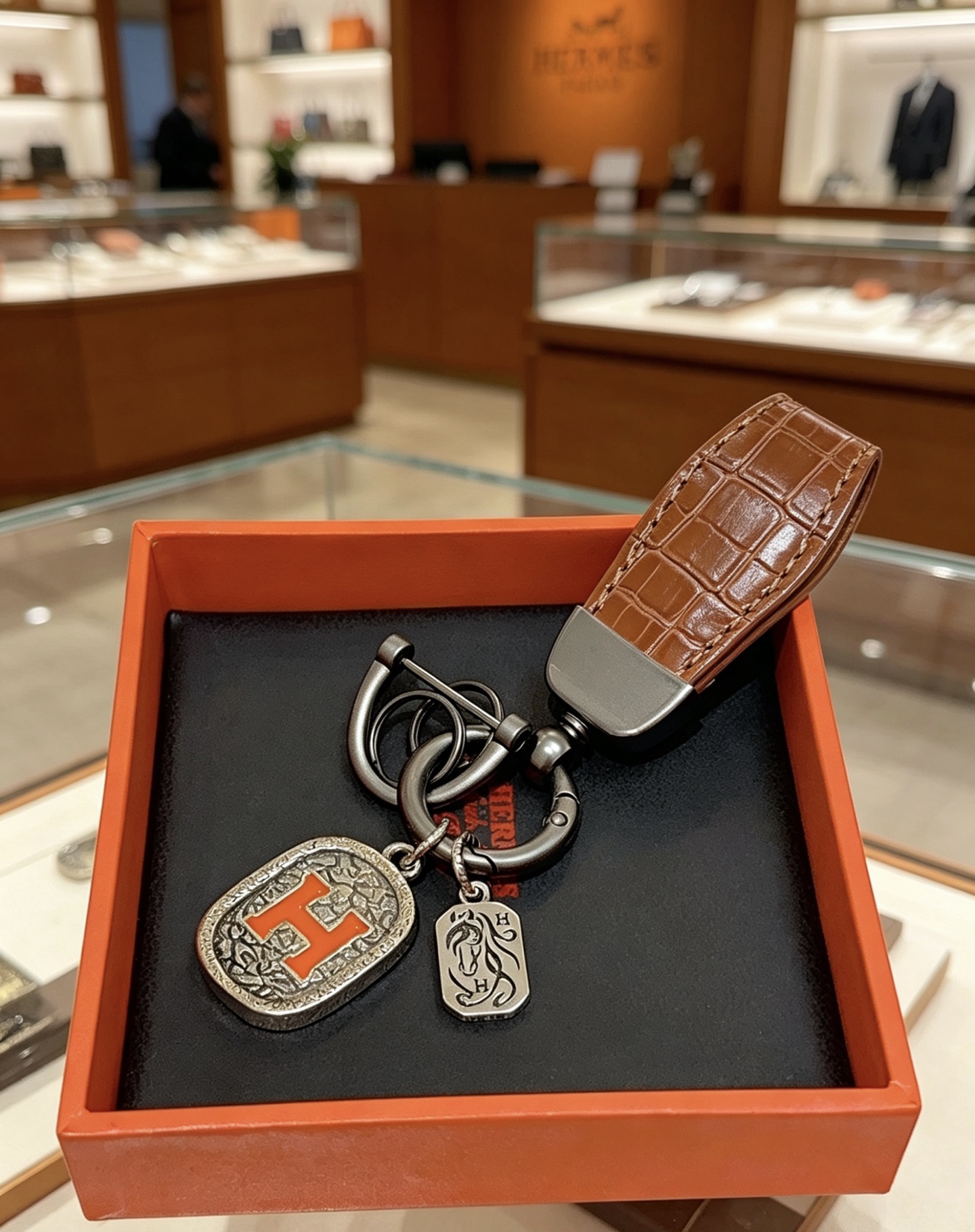 Hermes H Logo Crocodile Embossed Leather Key Charm pingente Gunmetal prateado metal marrom crocodilo em relevo couro laranja esmalte H detalhe 9cm comprimento total