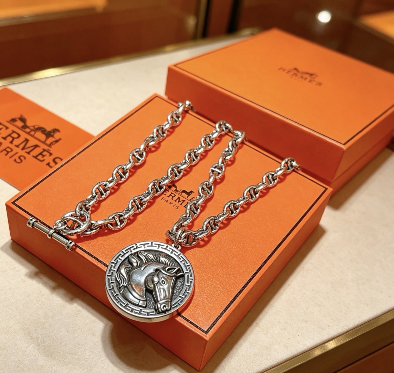 Hermes Cheval Horse Head Medallion Chaine d Ancre necklace Antique silver-toned metal with antiqued silver horse head medallion 60cm
