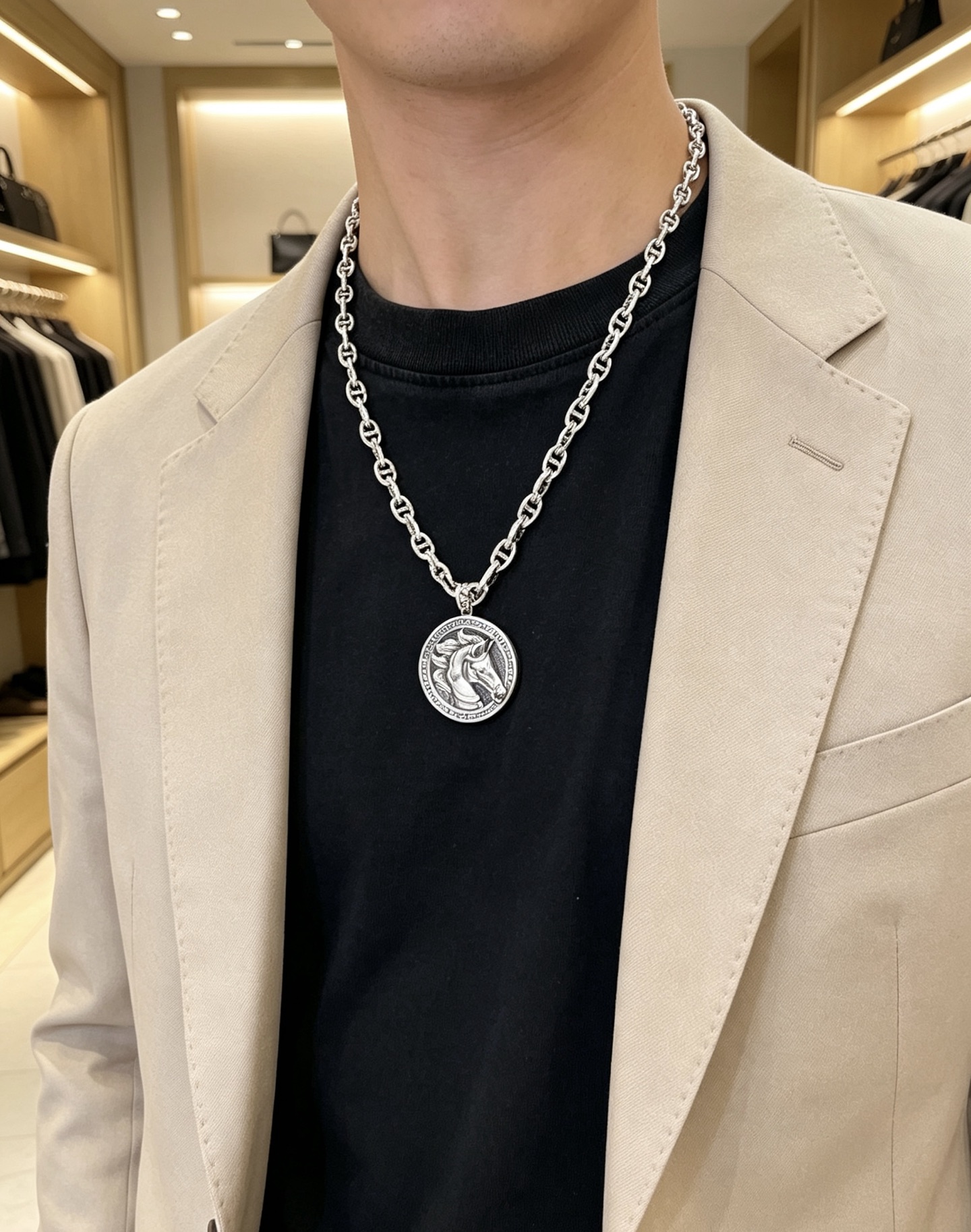 Hermes Cheval Horse Head Medallion Chaine d Ancre necklace Antique silver-toned metal with antiqued silver horse head medallion 60cm