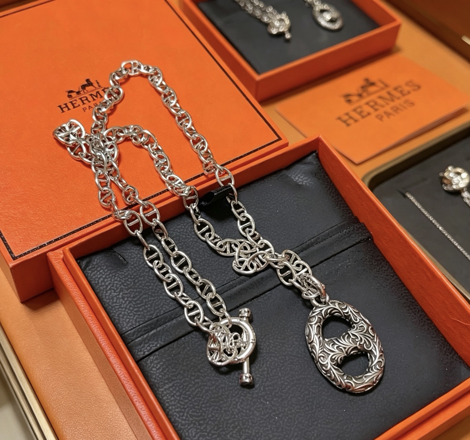 Hermes Farandole Chaine d Ancre Engraved necklace Antique silver-toned metal with engraved scrollwork detailing no additional gemstones 50cm