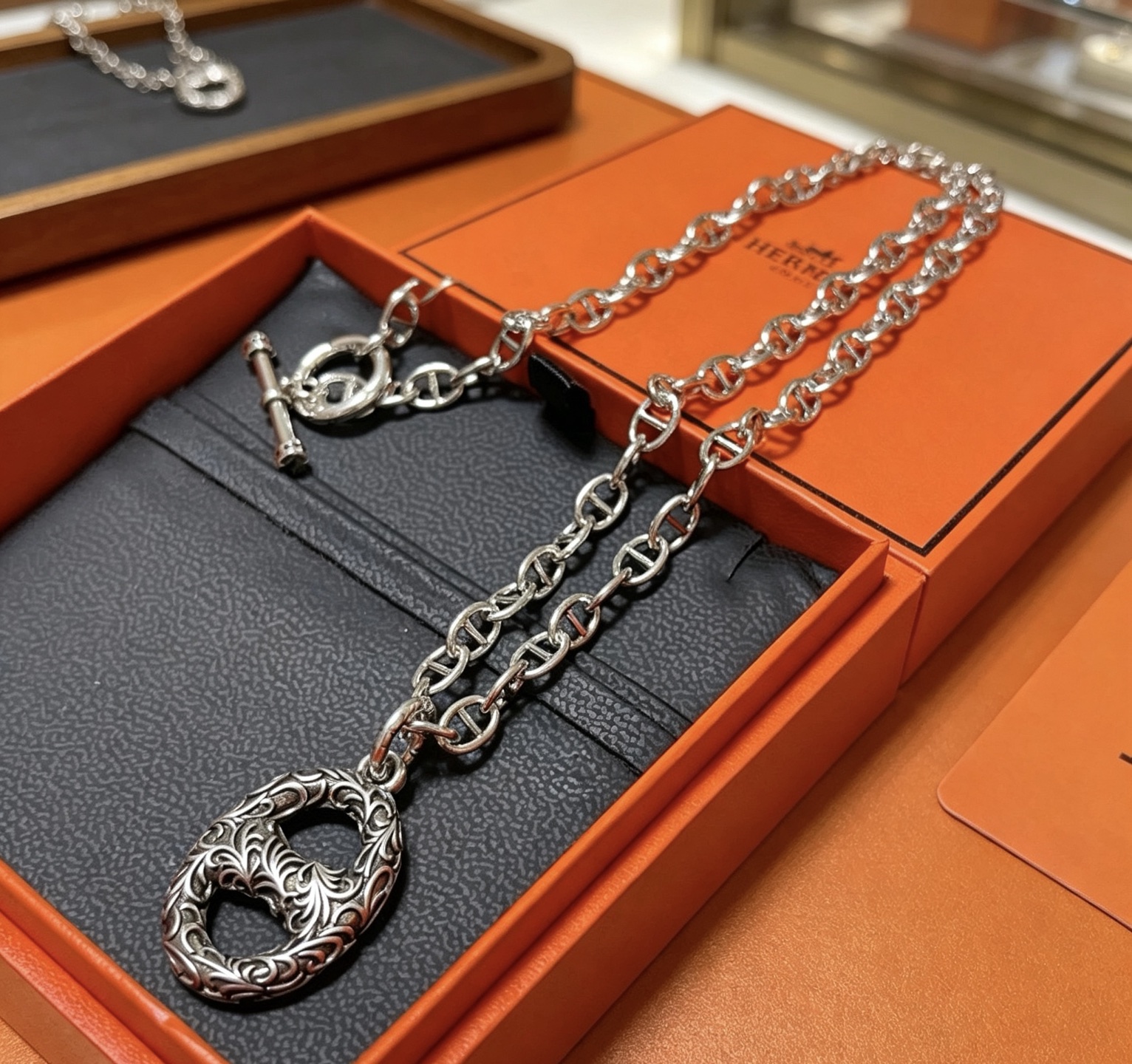 Hermes Farandole Chaine d Ancre Engraved necklace Antique silver-toned metal with engraved scrollwork detailing no additional gemstones 50cm