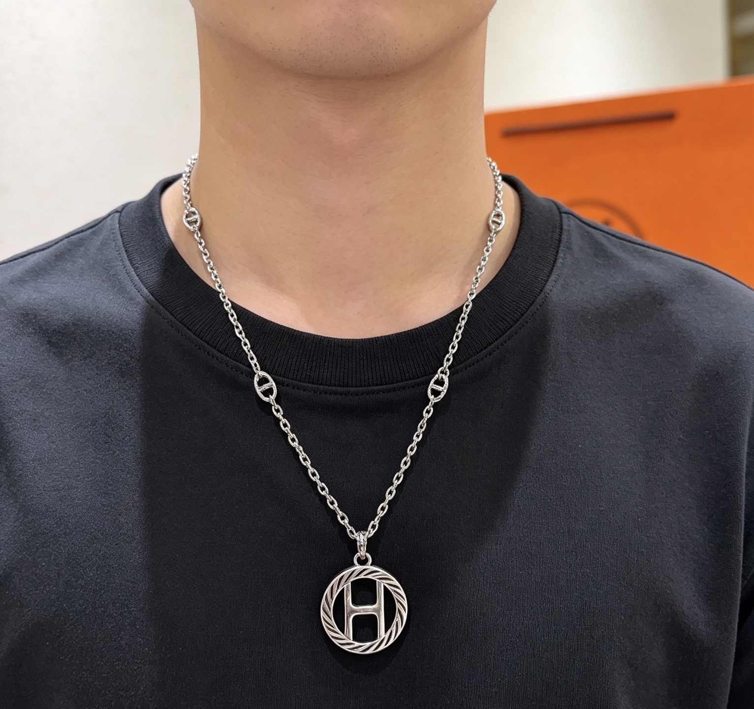 Hermes H Equipe necklace silver-toned metal with black enamel detailing 50cm