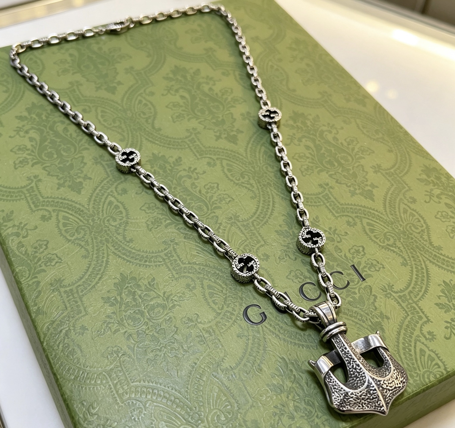Gucci Anger Forest Anchor Pendant Necklace necklace Aged silver-tone metal with black enamel Interlocking G accents 60cm