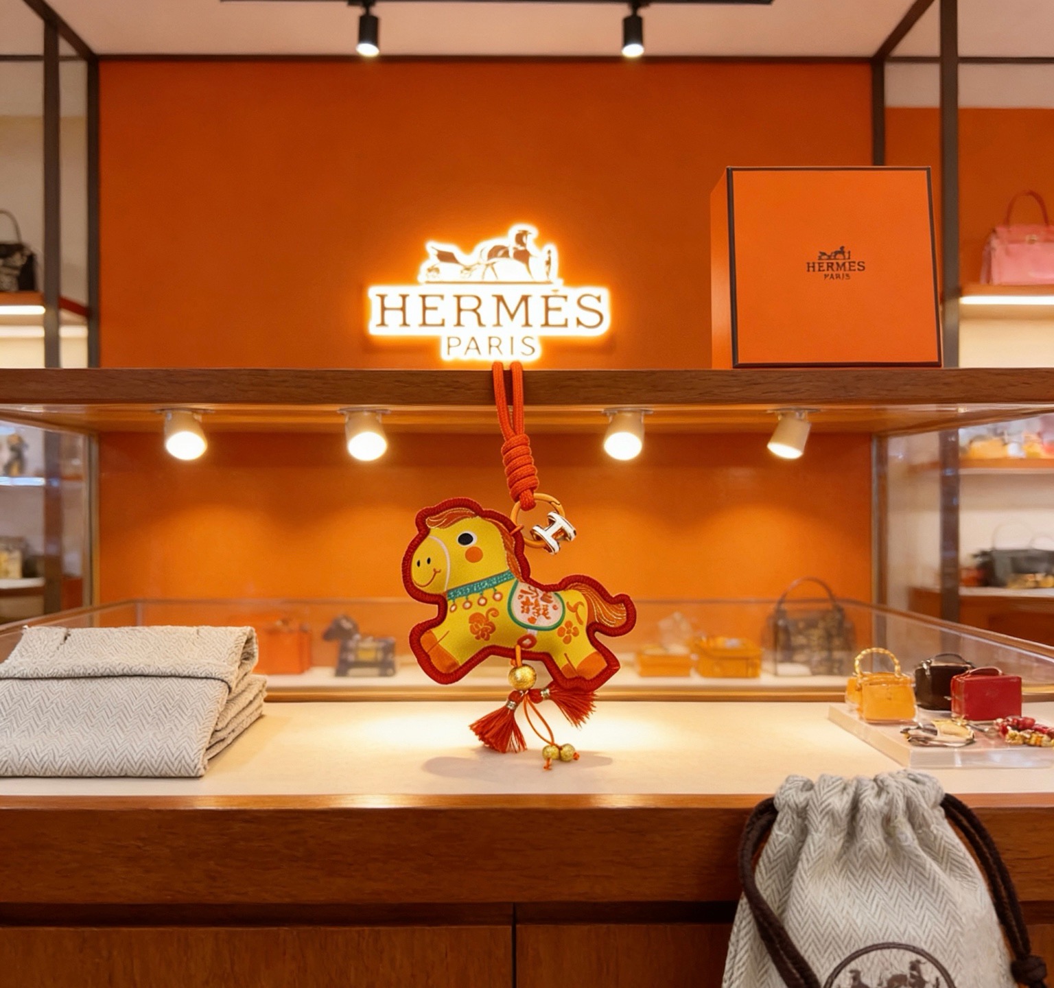 Hermes Year of the Horse Lucky Horse Bag Charm pendant Yellow fabric with red trim orange cord silver-tone H hardware gold-tone bead accents orange and red tassels 12cm total length with strap