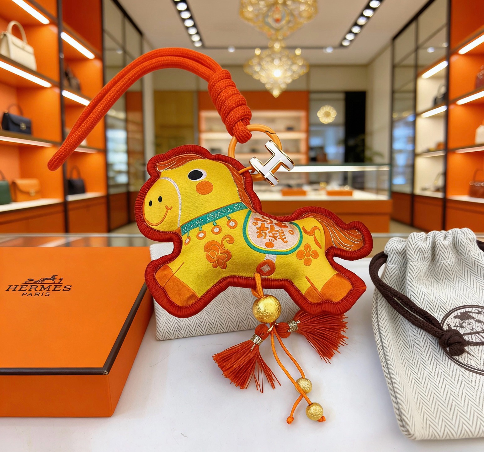 Hermes Year of the Horse Lucky Horse Bag Charm pendant Yellow fabric with red trim orange cord silver-tone H hardware gold-tone bead accents orange and red tassels 12cm total length with strap
