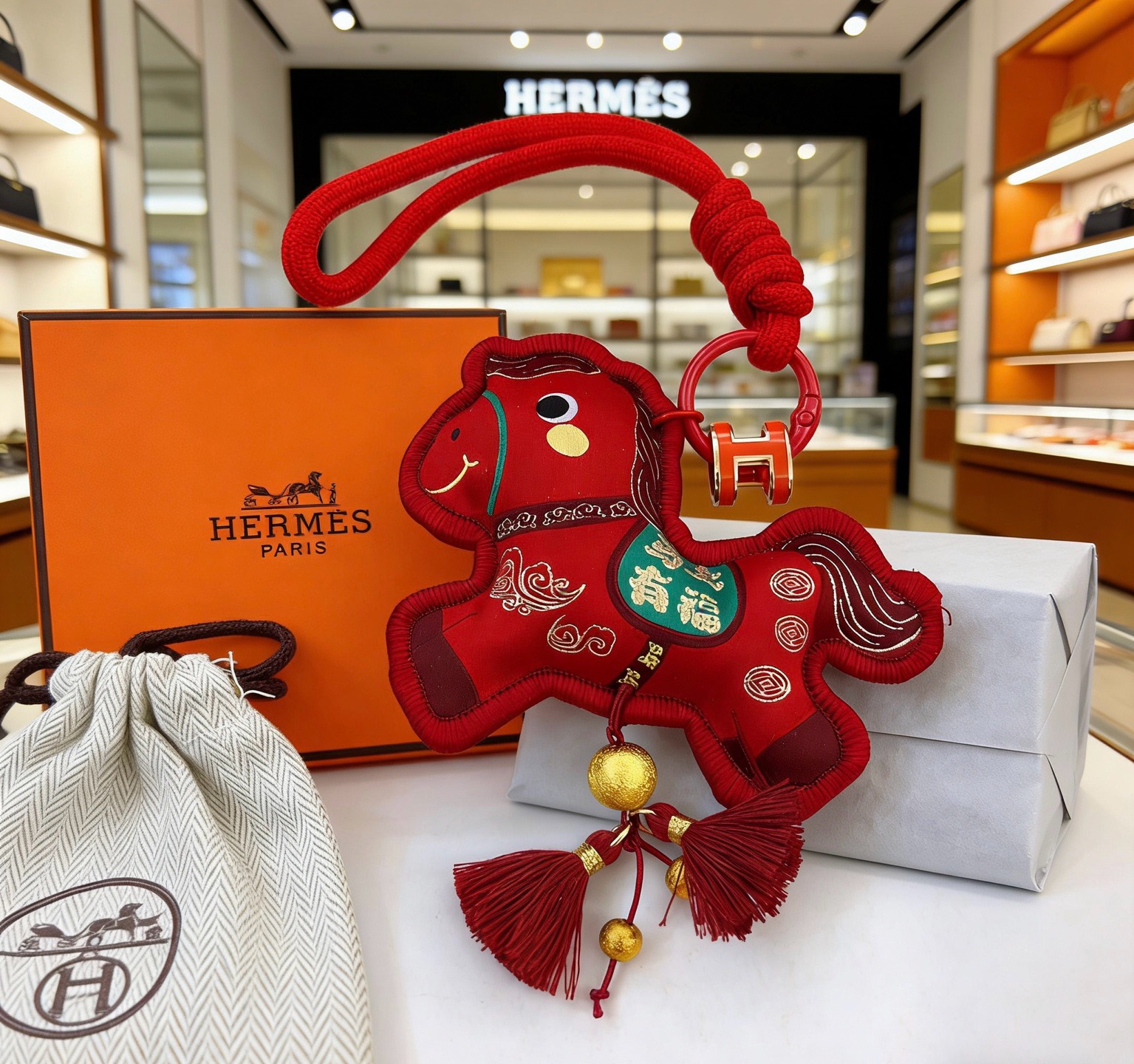 Pingente Hermes Ano do Cavalo Lucky Horse Tecido vermelho com detalhes em metal dourado detalhes bordados verdes esmalte vermelho Hardware H 12cm comprimento total com alça