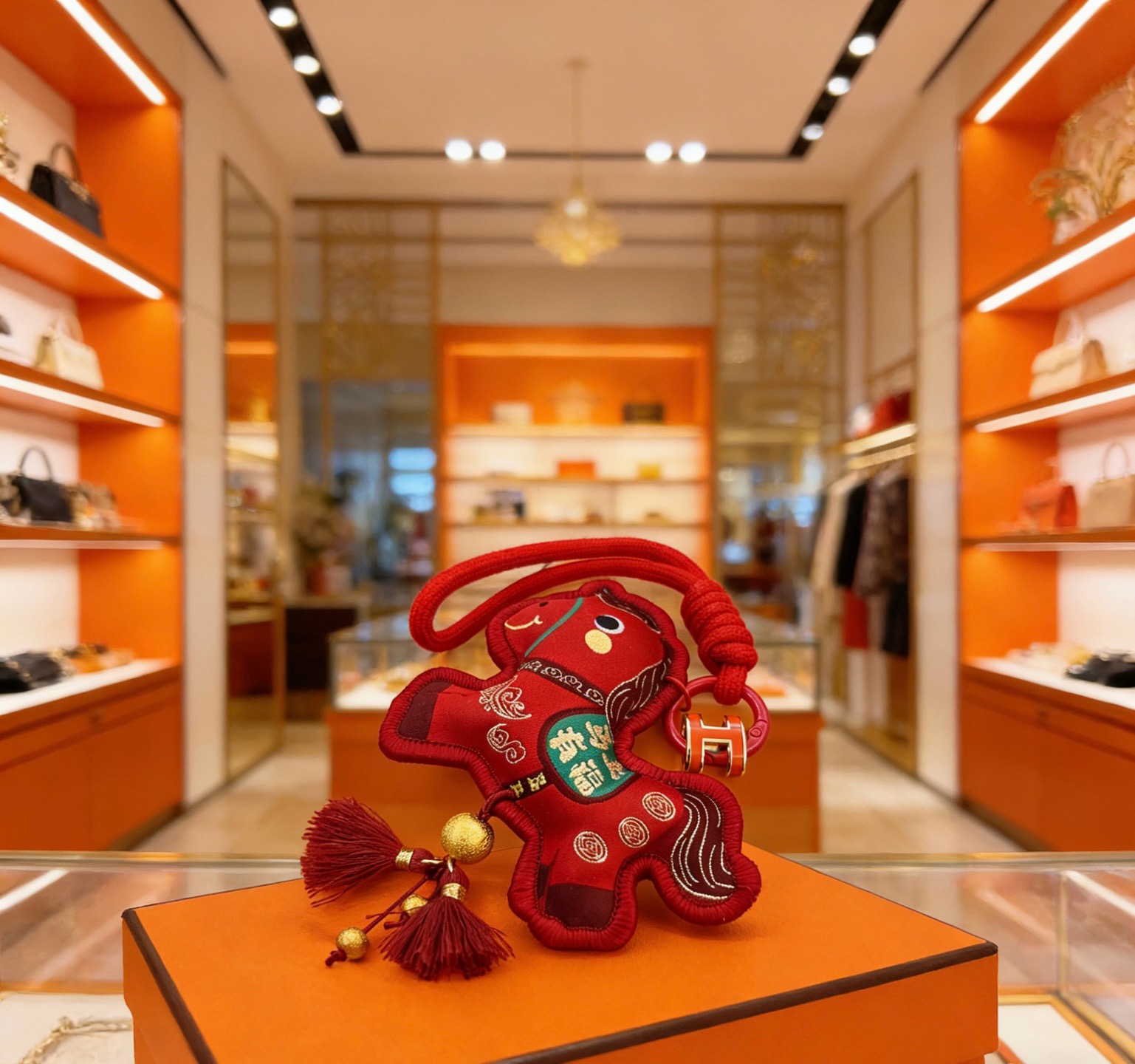 Pingente Hermes Ano do Cavalo Lucky Horse Tecido vermelho com detalhes em metal dourado detalhes bordados verdes esmalte vermelho Hardware H 12cm comprimento total com alça