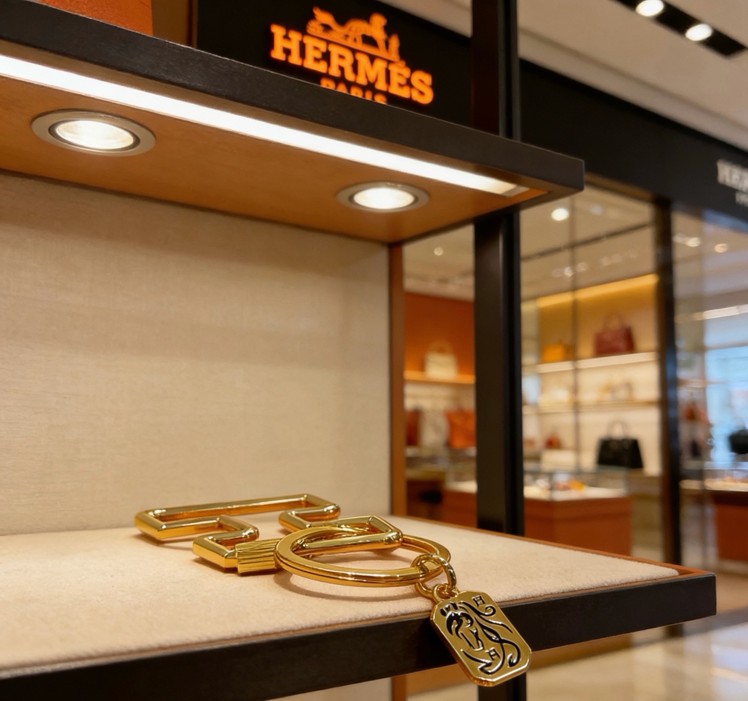 Hermes Horse Head Zigzag Key Charm pendant gold tone metal with black enamel detailing 10cm total length
