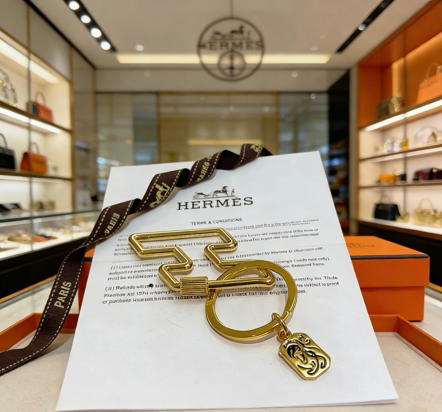 Hermes Horse Head Zigzag Key Charm pendant gold tone metal with black enamel detailing 10cm total length