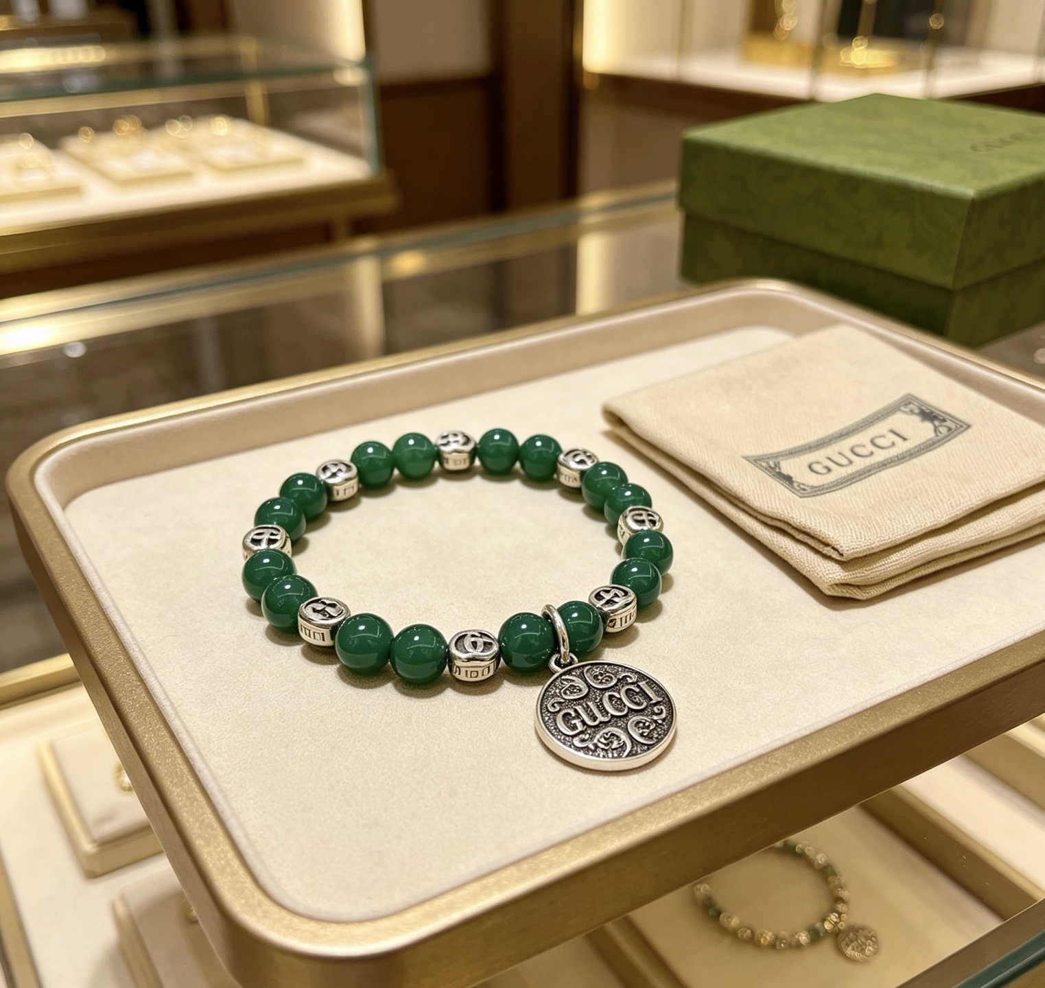 Gucci Anger Forest bracelet antique silver metal deep green stone beads 18cm