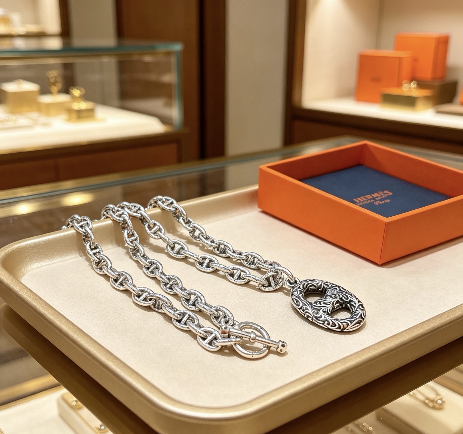 Hermes Farandole Chaine d Ancre Engraved Pendant necklace Antique silver-toned metal with black oxidized engraved detailing 50cm