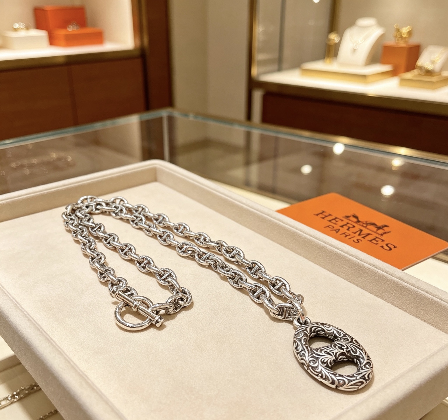Hermes Farandole Chaine d Ancre Engraved Pendant necklace Antique silver-toned metal with black oxidized engraved detailing 50cm