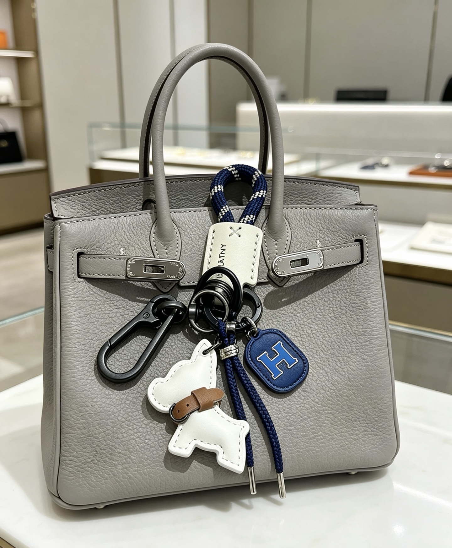 Hermes H Logo Puppy Charm Porte-clés pendentif Gunmetal matériel noir corde tressée bleu marine cuir blanc cassé cuir beige émail bleu Breloque H breloque gravée argentée 12 cm de longueur totale