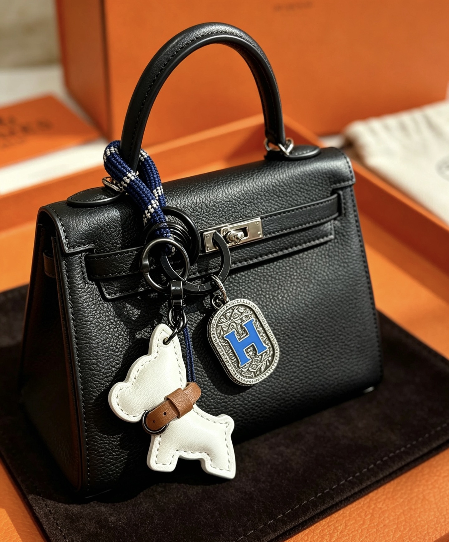 Hermes H Logo Puppy Charm Porte-clés pendentif Gunmetal matériel noir corde tressée bleu marine cuir blanc cassé cuir beige émail bleu Breloque H breloque gravée argentée 12 cm de longueur totale
