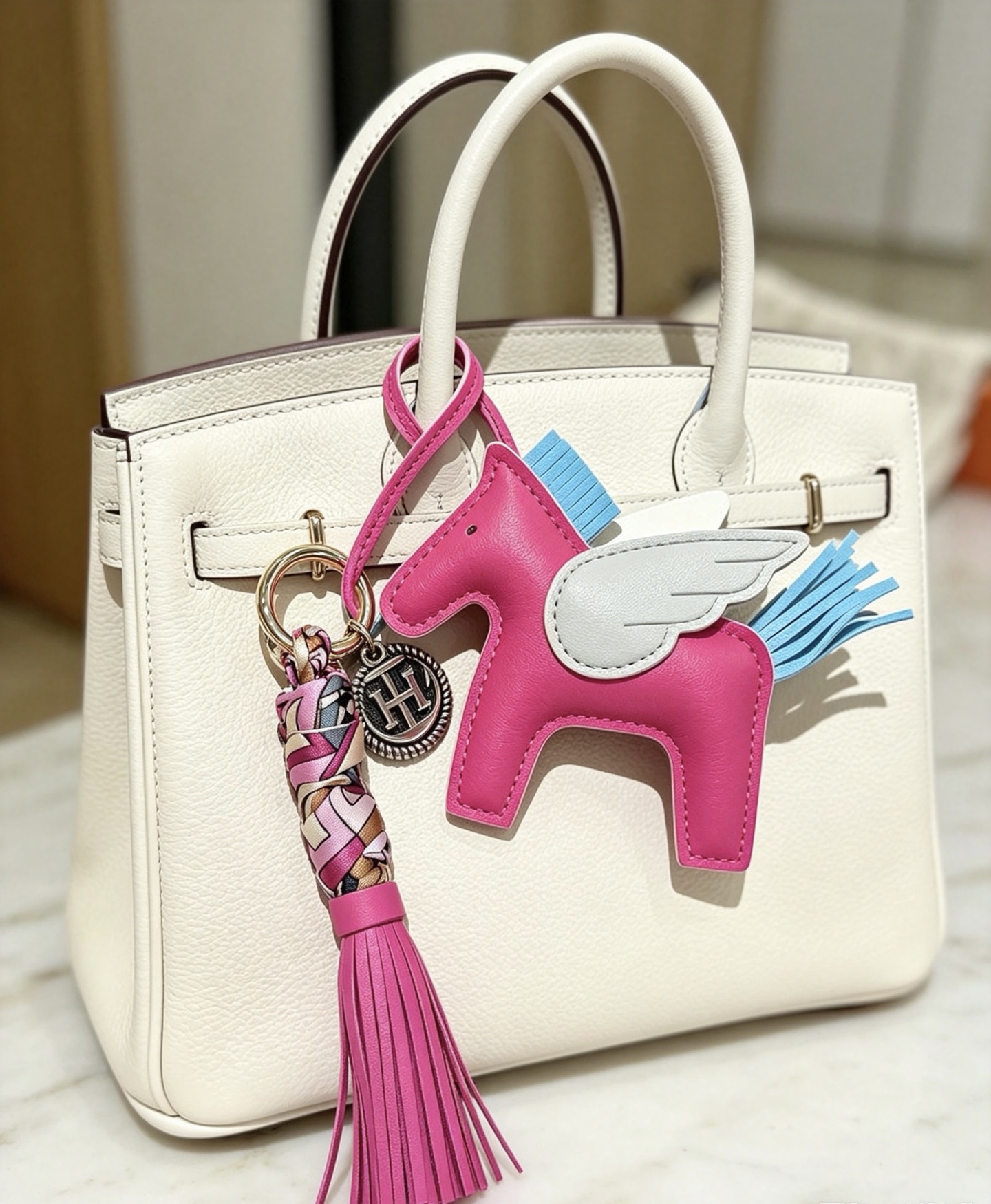 Pendentif à breloque de sac à pompon Hermes Rodeo Pegase Cuir blanc bleu clair rose vif avec détails en métal doré et tresse de soie multicolore Longueur totale de la breloque 12 cm