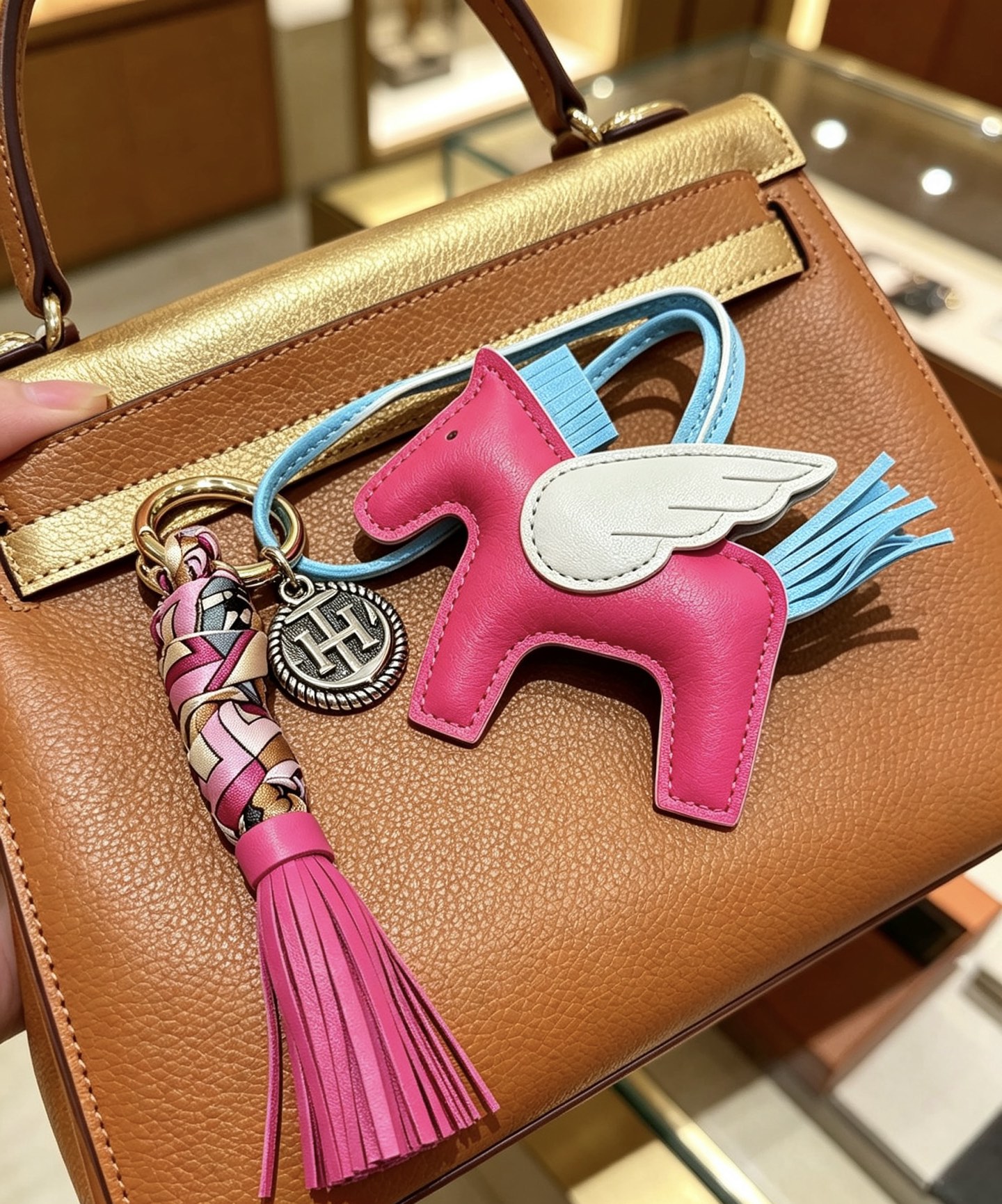 Pendentif à breloque de sac à pompon Hermes Rodeo Pegase Cuir blanc bleu clair rose vif avec détails en métal doré et tresse de soie multicolore Longueur totale de la breloque 12 cm