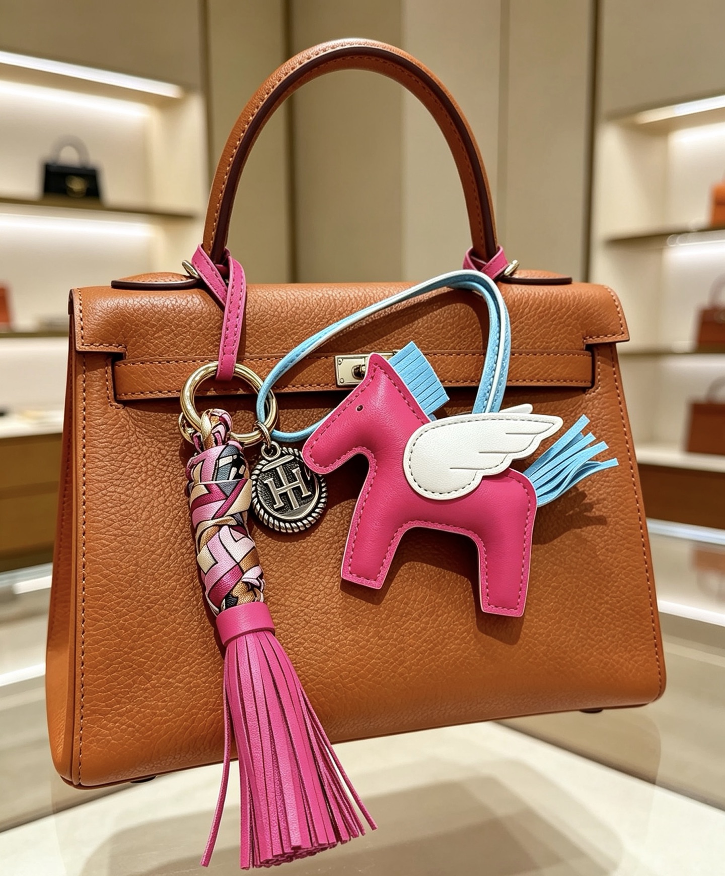 Pendentif à breloque de sac à pompon Hermes Rodeo Pegase Cuir blanc bleu clair rose vif avec détails en métal doré et tresse de soie multicolore Longueur totale de la breloque 12 cm