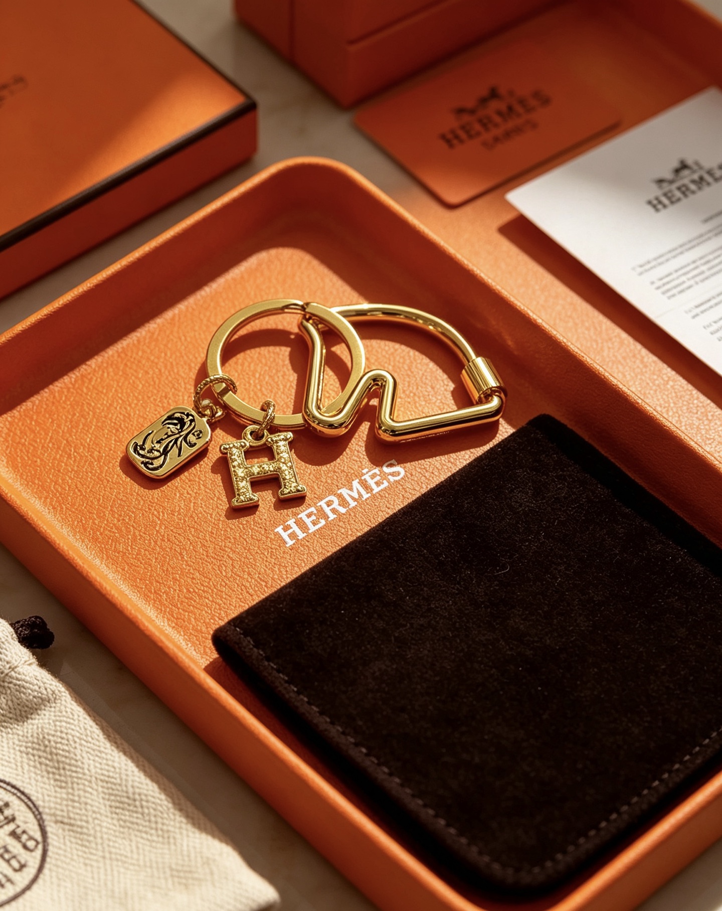 Ciondolo Hermes Olympia H Portachiavi in metallo color oro con ciondolo H in cristallo trasparente e ciondolo con motivo cavallo in smalto nero, diametro dell'anello di 3,5 cm