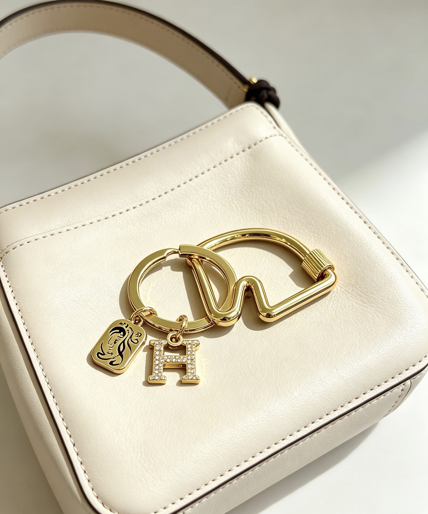 Ciondolo Hermes Olympia H Portachiavi in metallo color oro con ciondolo H in cristallo trasparente e ciondolo con motivo cavallo in smalto nero, diametro dell'anello di 3,5 cm