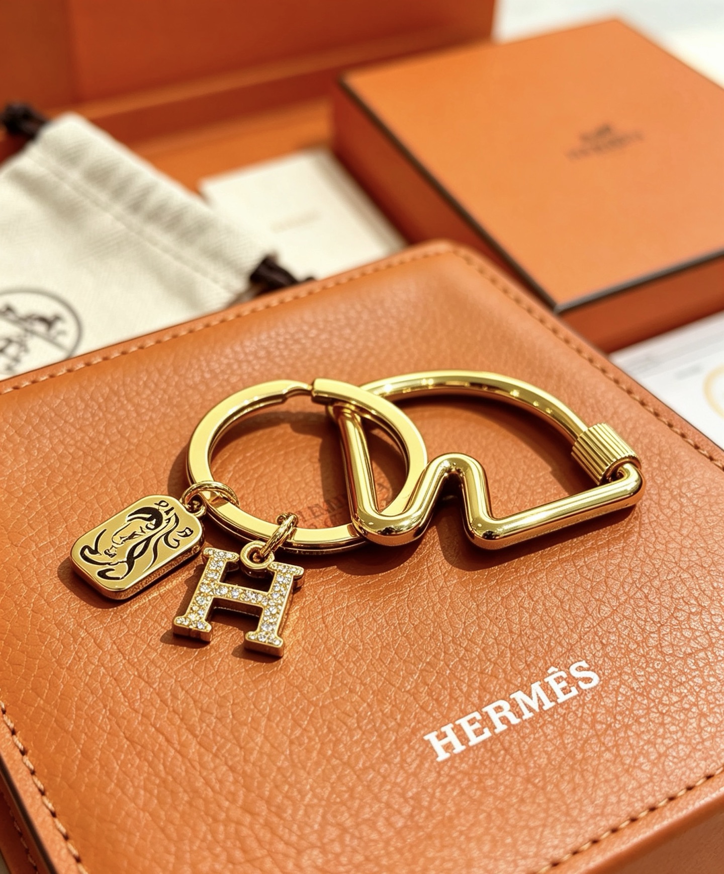 Ciondolo Hermes Olympia H Portachiavi in metallo color oro con ciondolo H in cristallo trasparente e ciondolo con motivo cavallo in smalto nero, diametro dell'anello di 3,5 cm