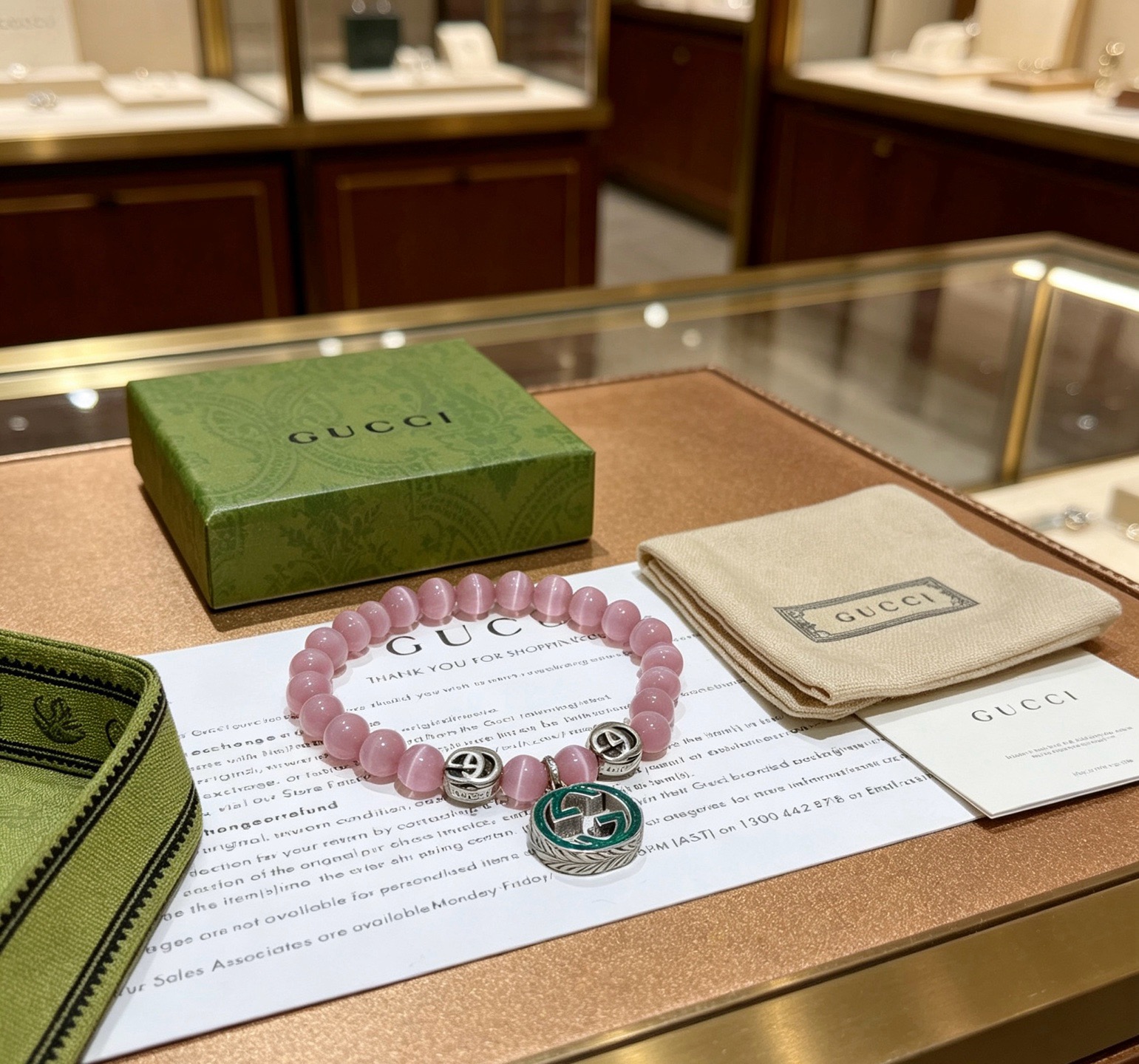 Gucci Anger Forest bracelet Silver-toned metal pink cat s eye beads green enamel 18cm