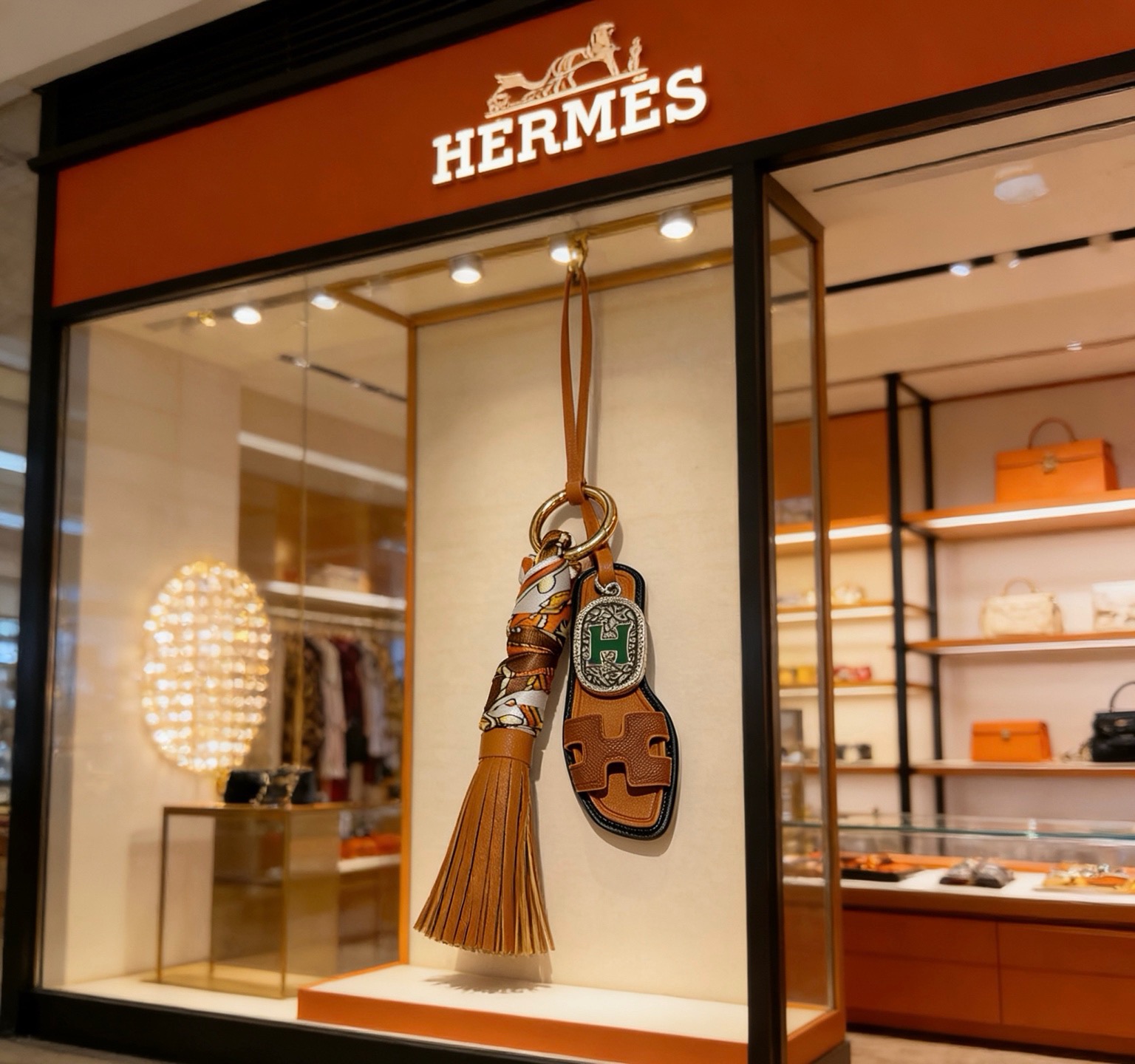 Hermes Oran Sandália Tassel Silk Bag Charm Chaveiro pingente Metal dourado couro bronzeado multicolorido estampado seda metal prateado com esmalte verde Logotipo H acabamento em couro preto 12 cm de comprimento total