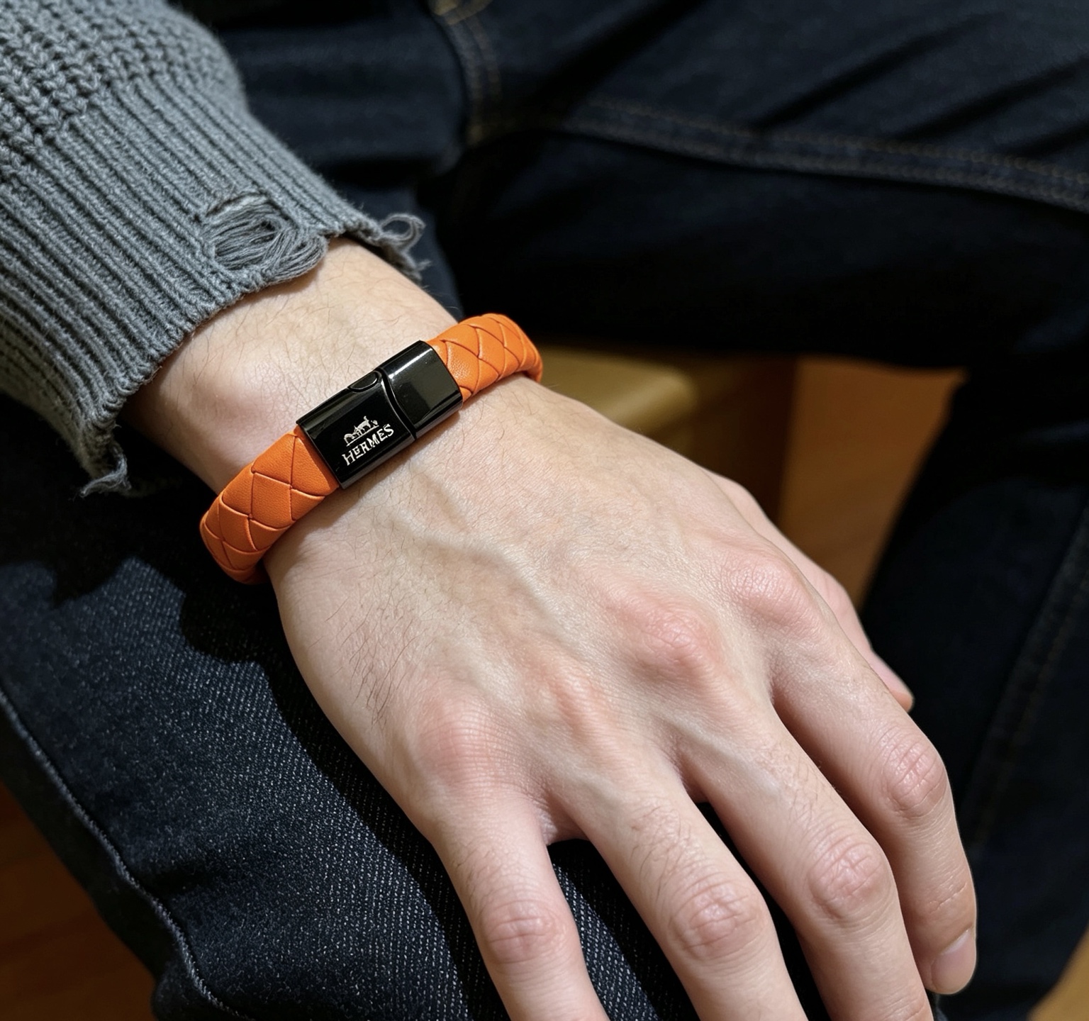 Hermes pulseira de couro trançado com fecho magnético pulseira de couro trançado laranja com fecho de metal preto 19cm