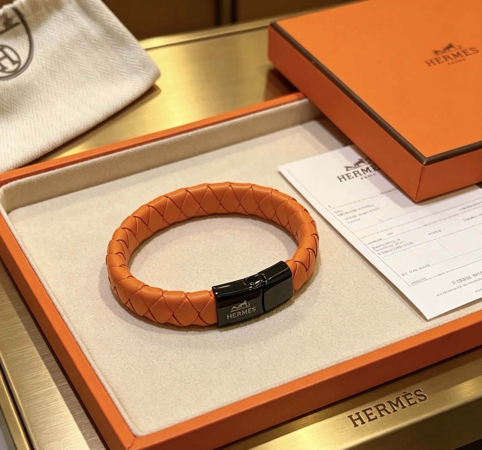 Hermes pulseira de couro trançado com fecho magnético pulseira de couro trançado laranja com fecho de metal preto 19cm