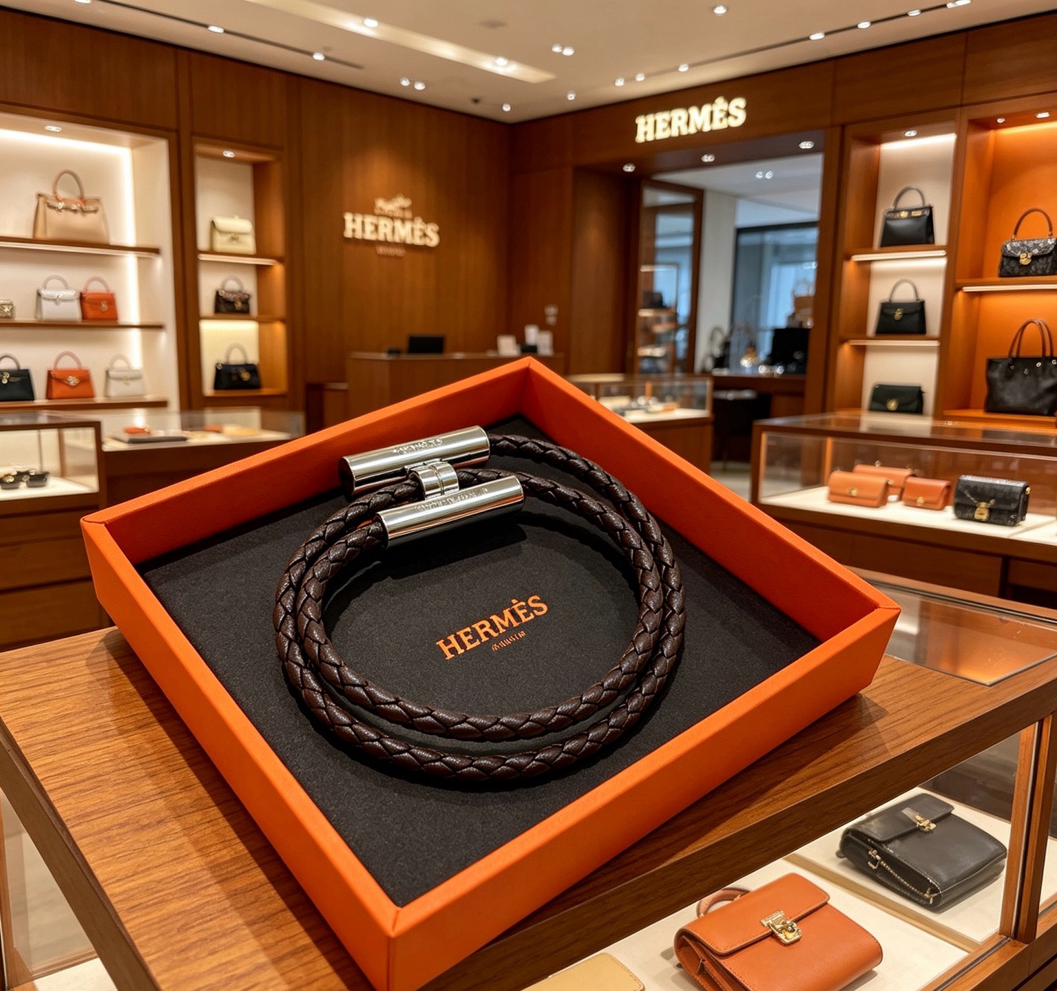 Hermes Tournis Tresse bracelet Dark brown braided leather with palladium silver-tone metal hardware 19cm