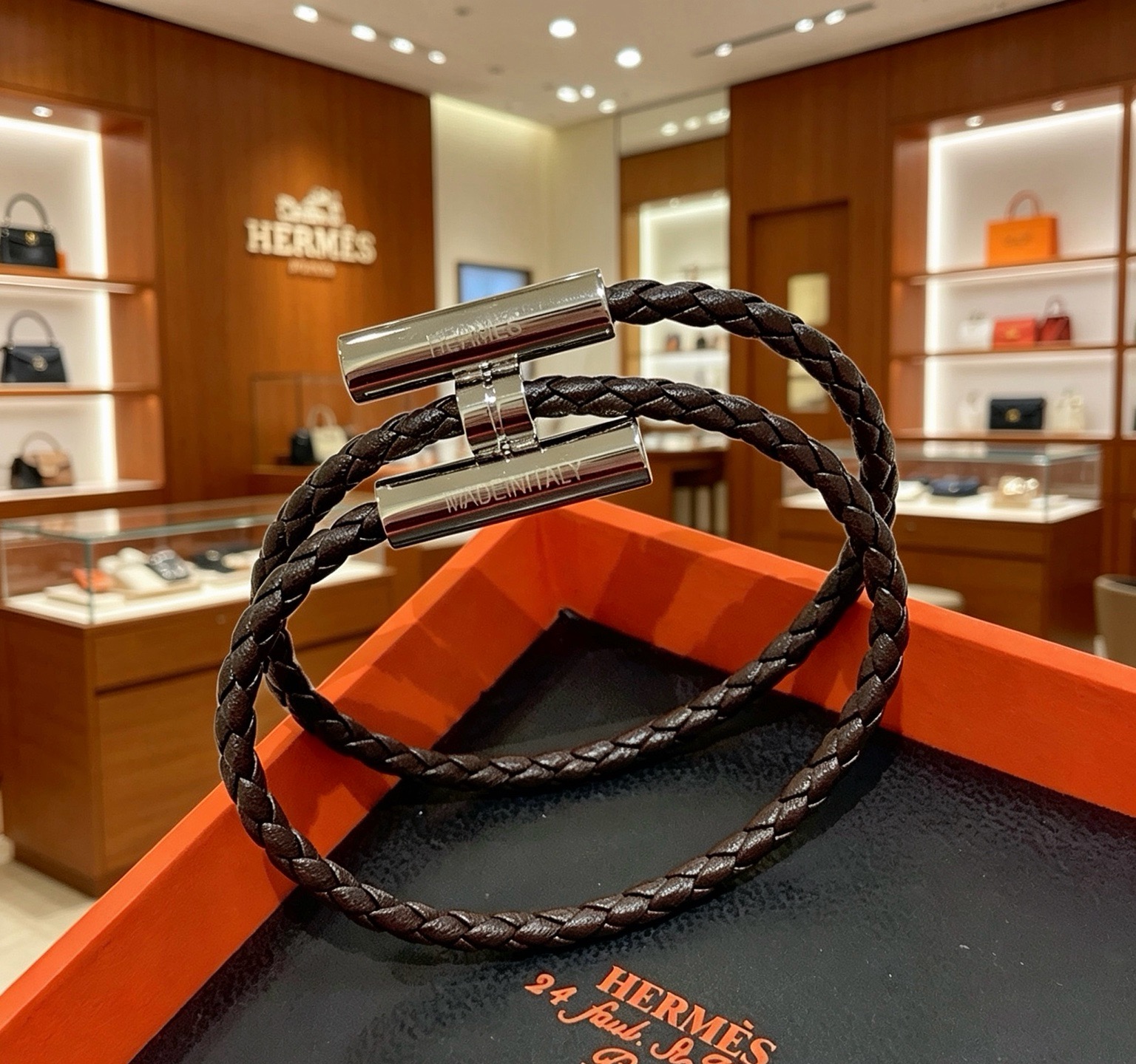 Hermes Tournis Tresse bracelet Dark brown braided leather with palladium silver-tone metal hardware 19cm