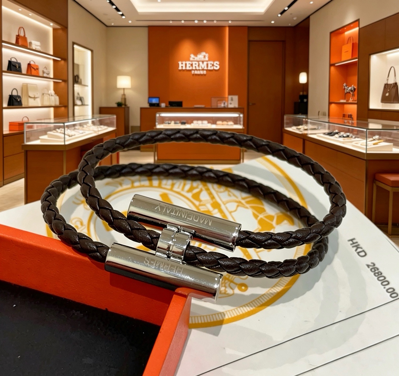 Hermes Tournis Tresse bracelet Dark brown braided leather with palladium silver-tone metal hardware 19cm