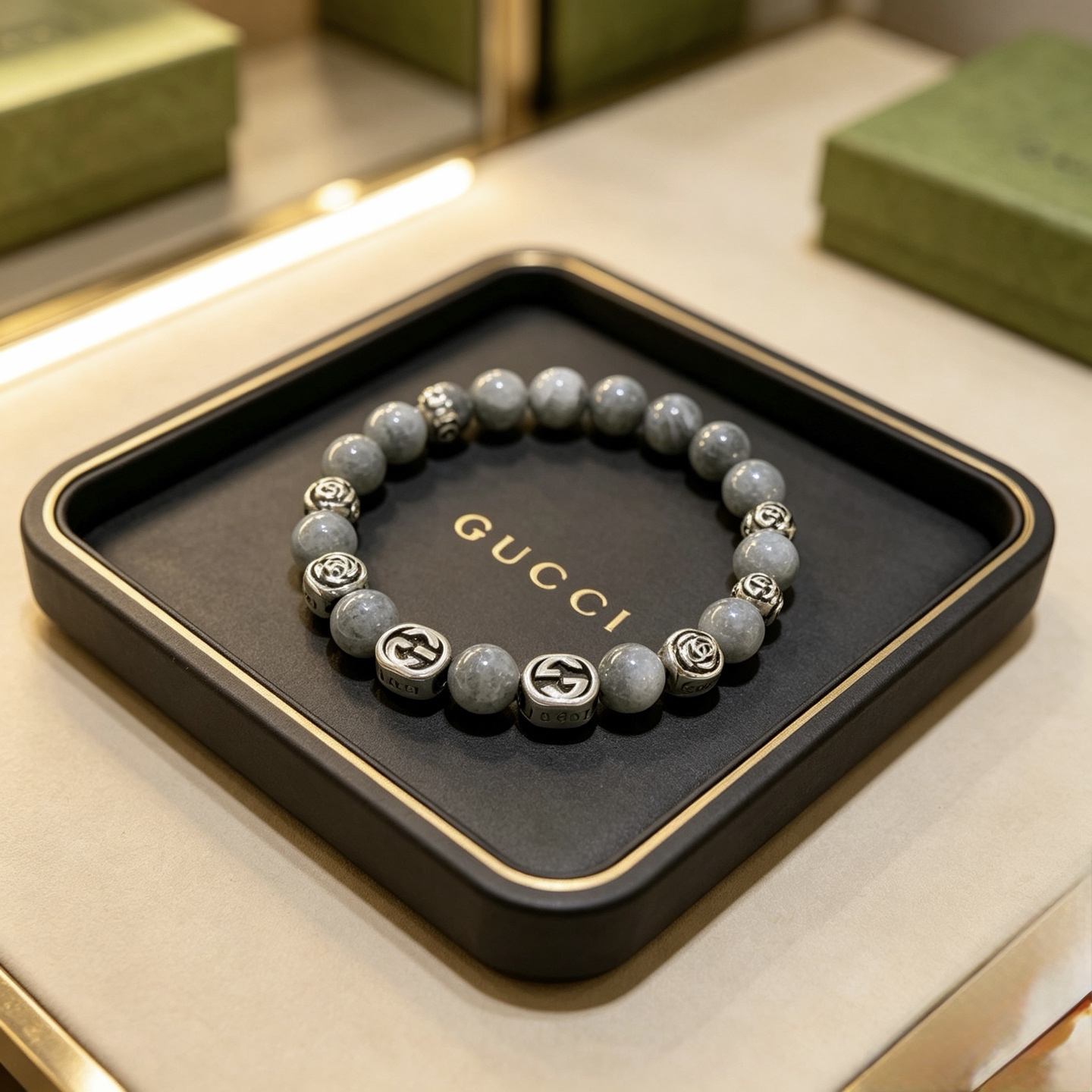 Gucci Anger Forest bracelet aged silver metal gray cloud quartz stone beads 18cm